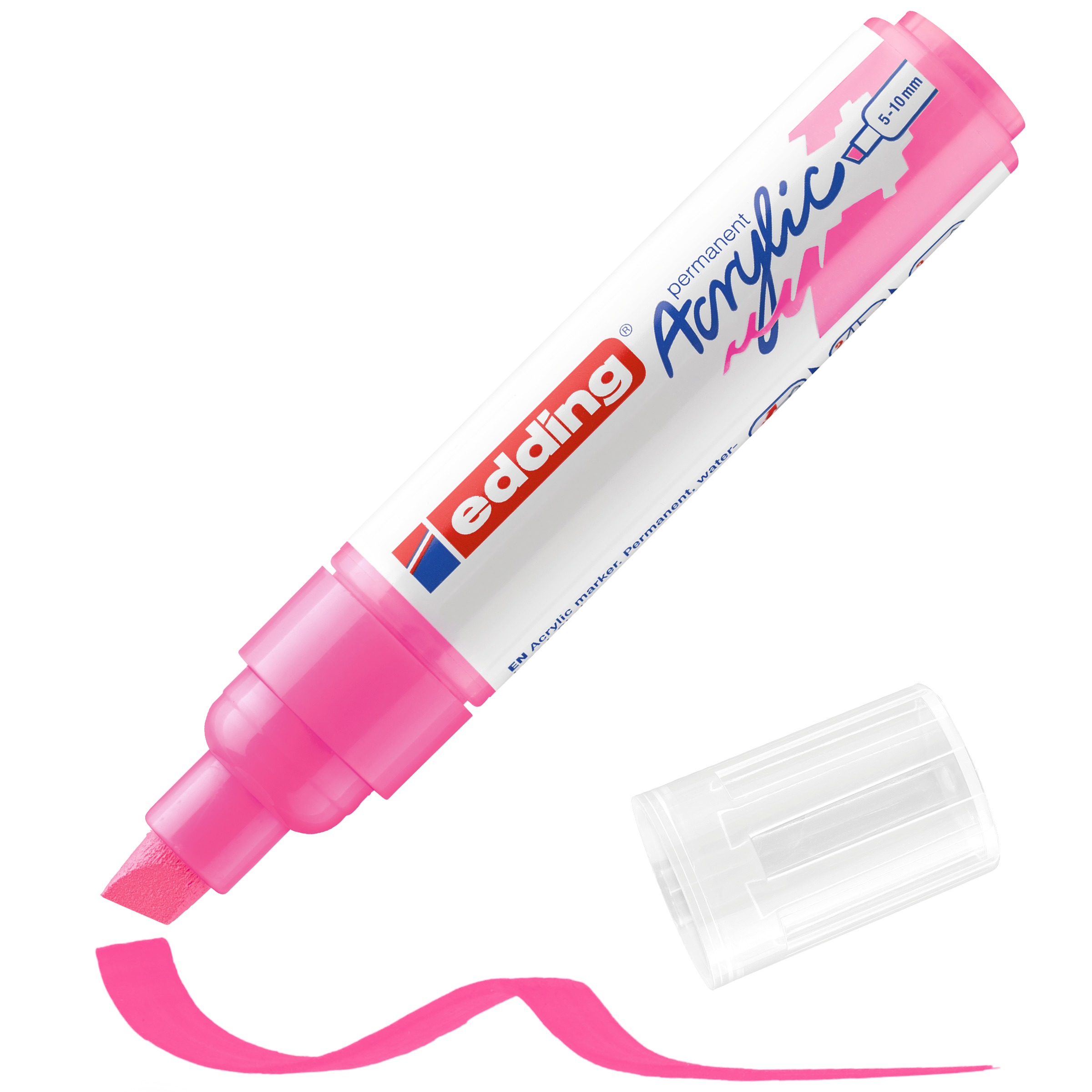 Bei einem rosa edding 5000 Acrylmarker breit ohne Kappe ist die Keilspitze sichtbar, die eine wellenförmige rosa Linie zeichnet, um die hochpigmentierte Tinte hervorzuheben, während die durchsichtige Kappe daneben liegt.