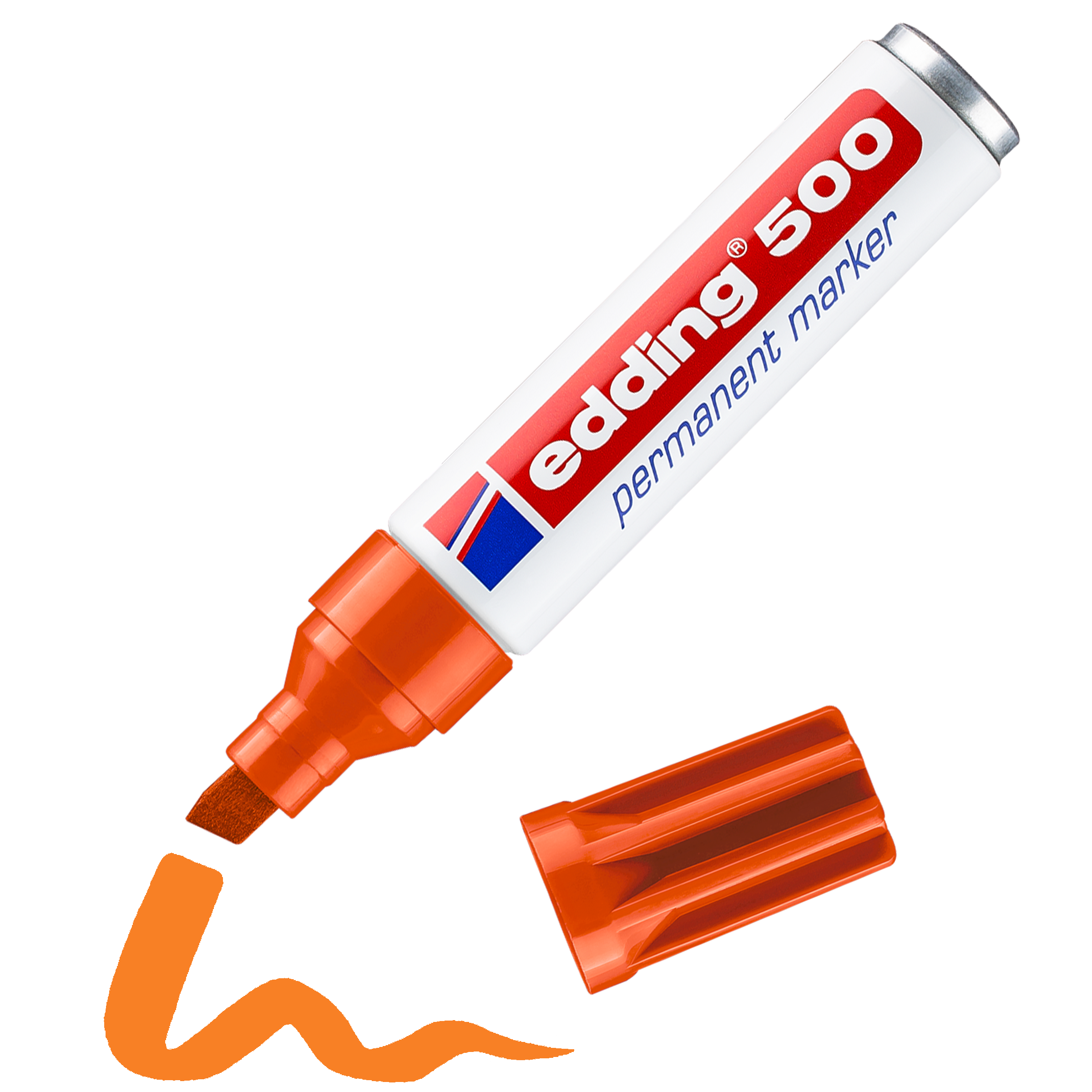 edding 500 Permanentmarker in orange mit offener Kappe und einem gemaltem Strich
