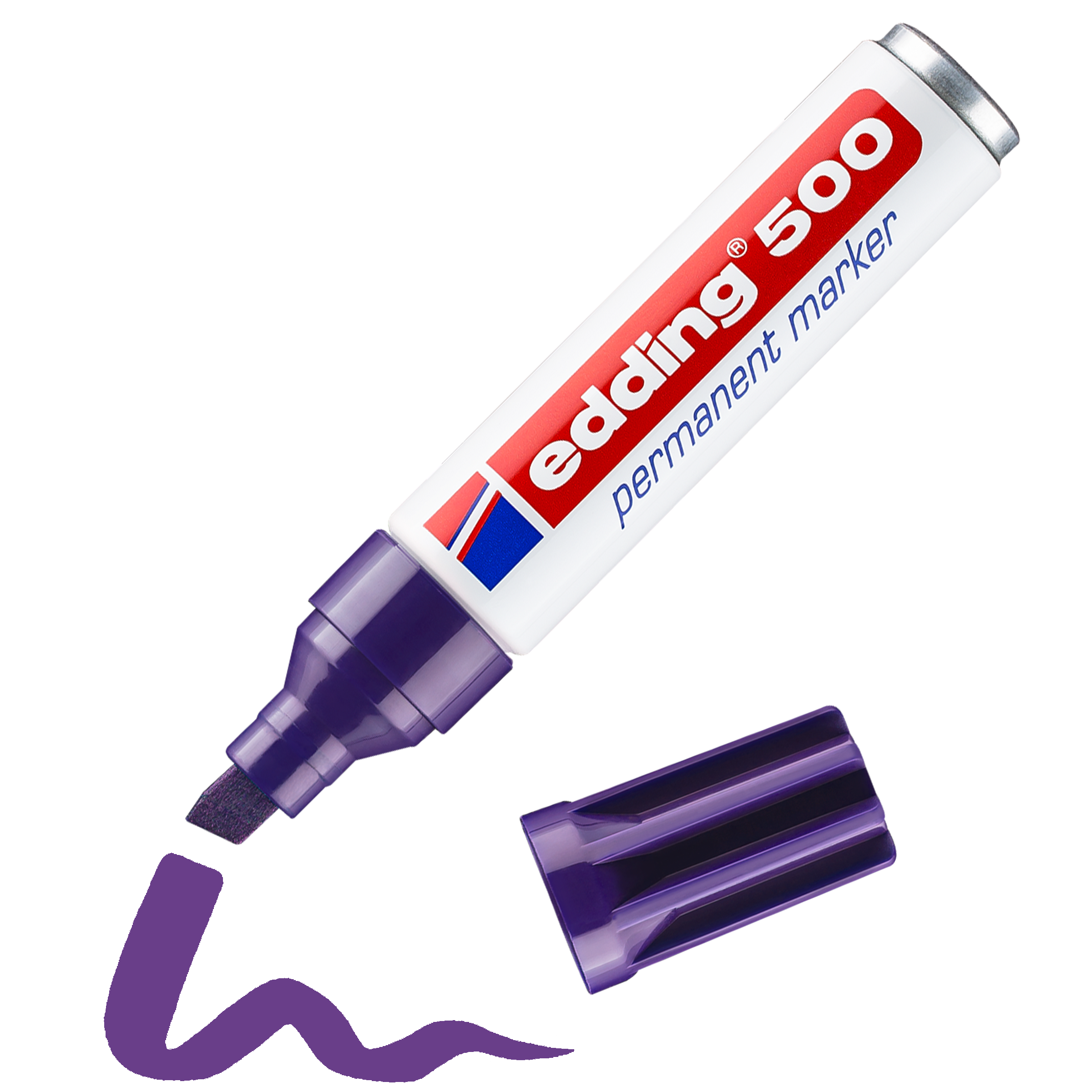 edding 500 Permanentmarker in lila mit offener Kappe und einem gemaltem Strich