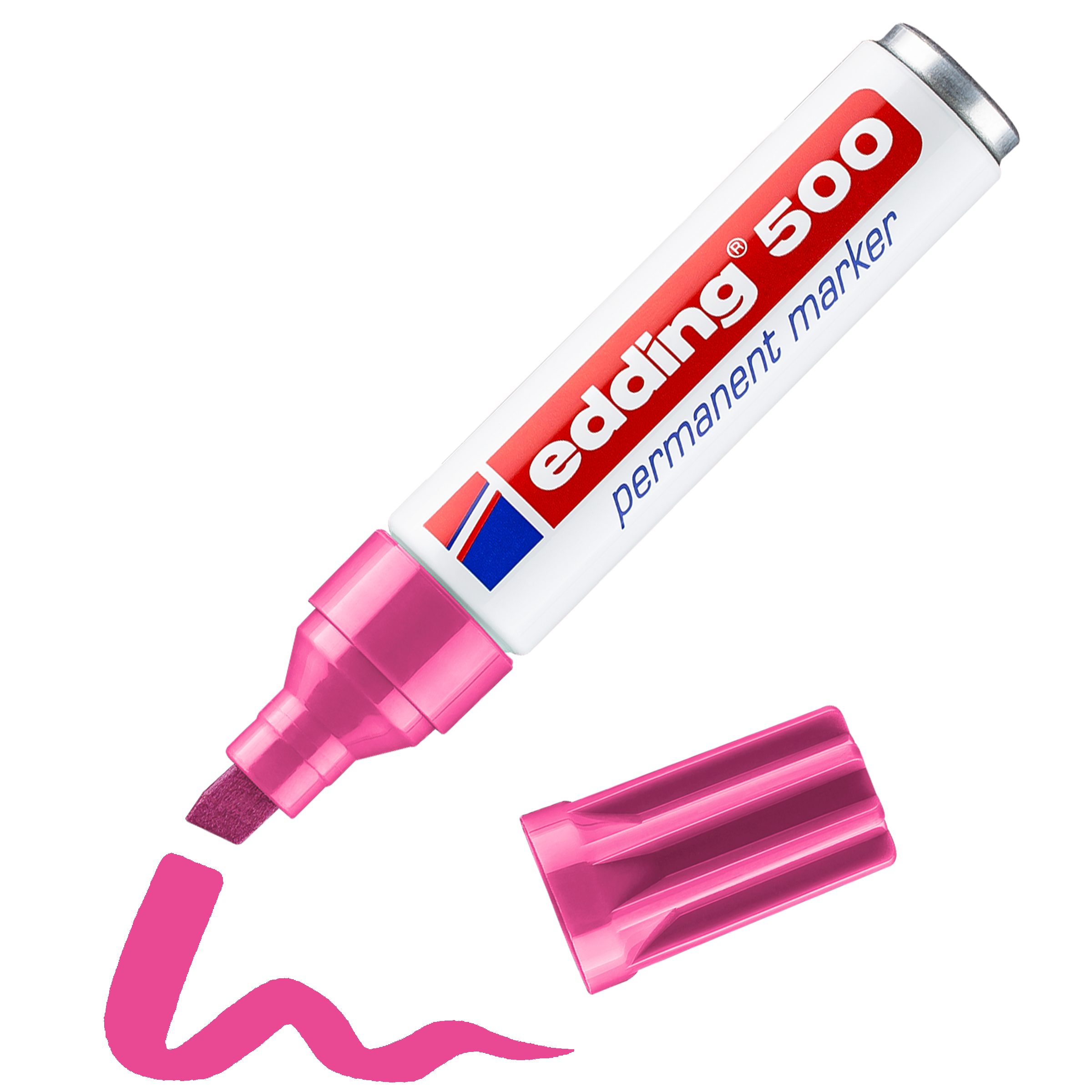 edding 500 Permanentmarker in pink mit offener Kappe und einem gemaltem Strich