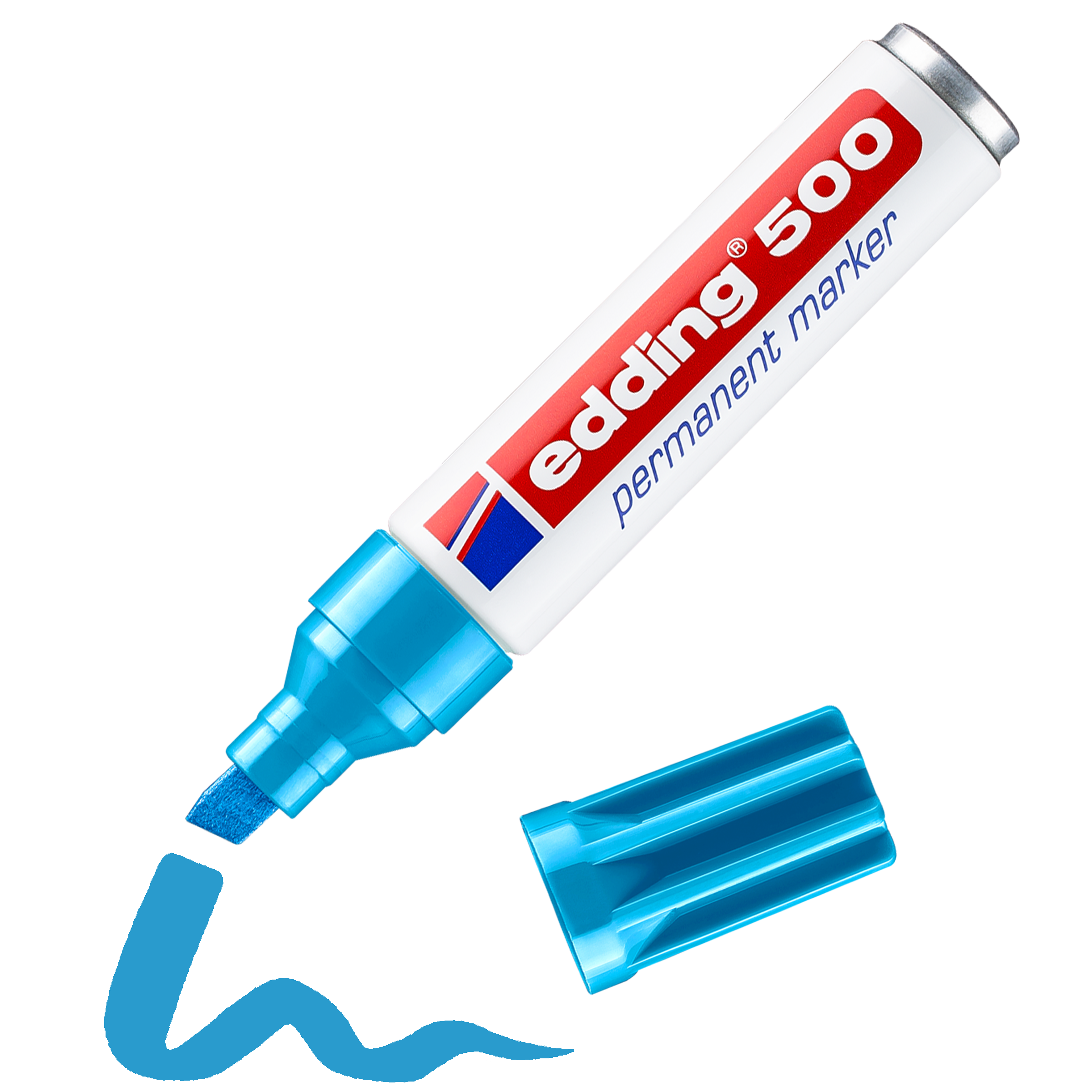 edding 500 Permanentmarker in hellblau mit offener Kappe und einem gemaltem Strich