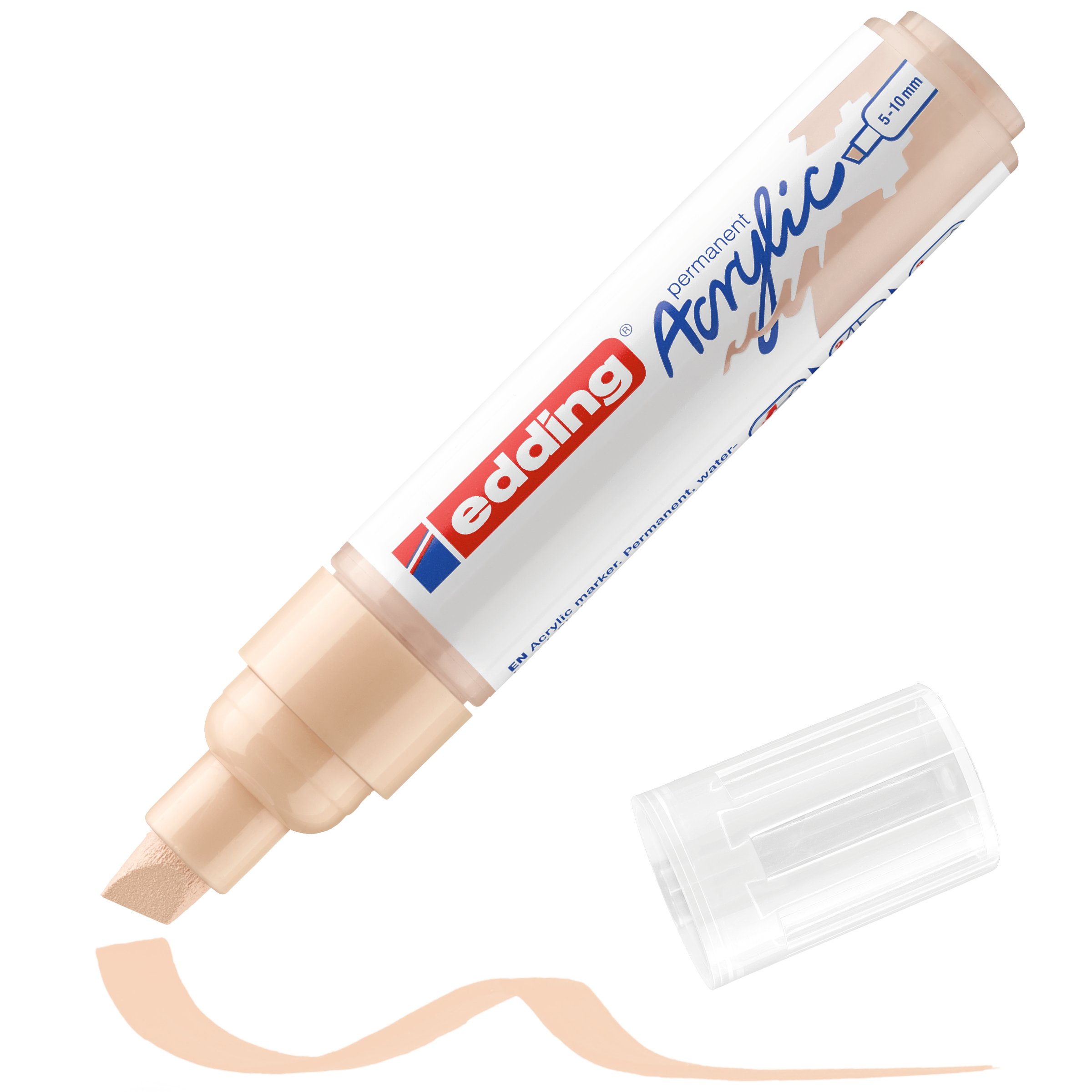 Ein edding 5000 Acrylmarker breit in Beige mit Keilspitze und abgenommener transparenter Kappe liegt neben einer gewellten beigen Linie, die die stark pigmentierte Tinte des Markers zeigt.