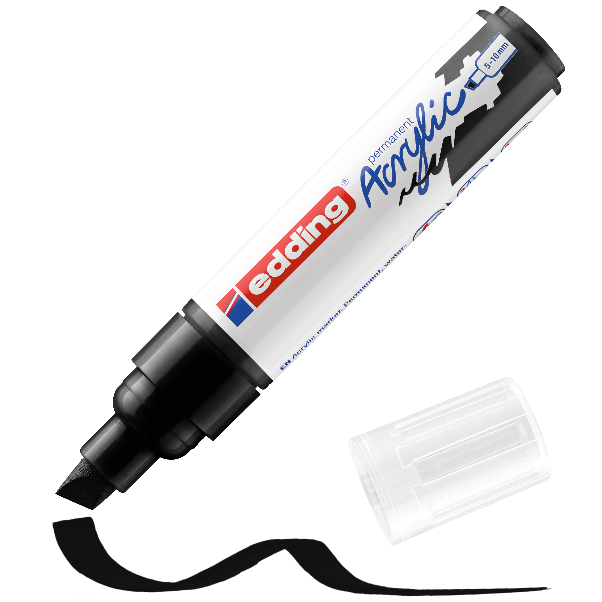 Ein schwarzer edding 5000 Acrylmarker breit ohne transparente Kappe zeichnet mit seiner breiten Keilspitze eine dicke schwarze Linie. Das Etikett trägt den Aufdruck „edding permanent Acryl 5000 15 mm“ und hebt die hochpigmentierte Tinte für kräftige, dauerhafte Markierungen hervor.