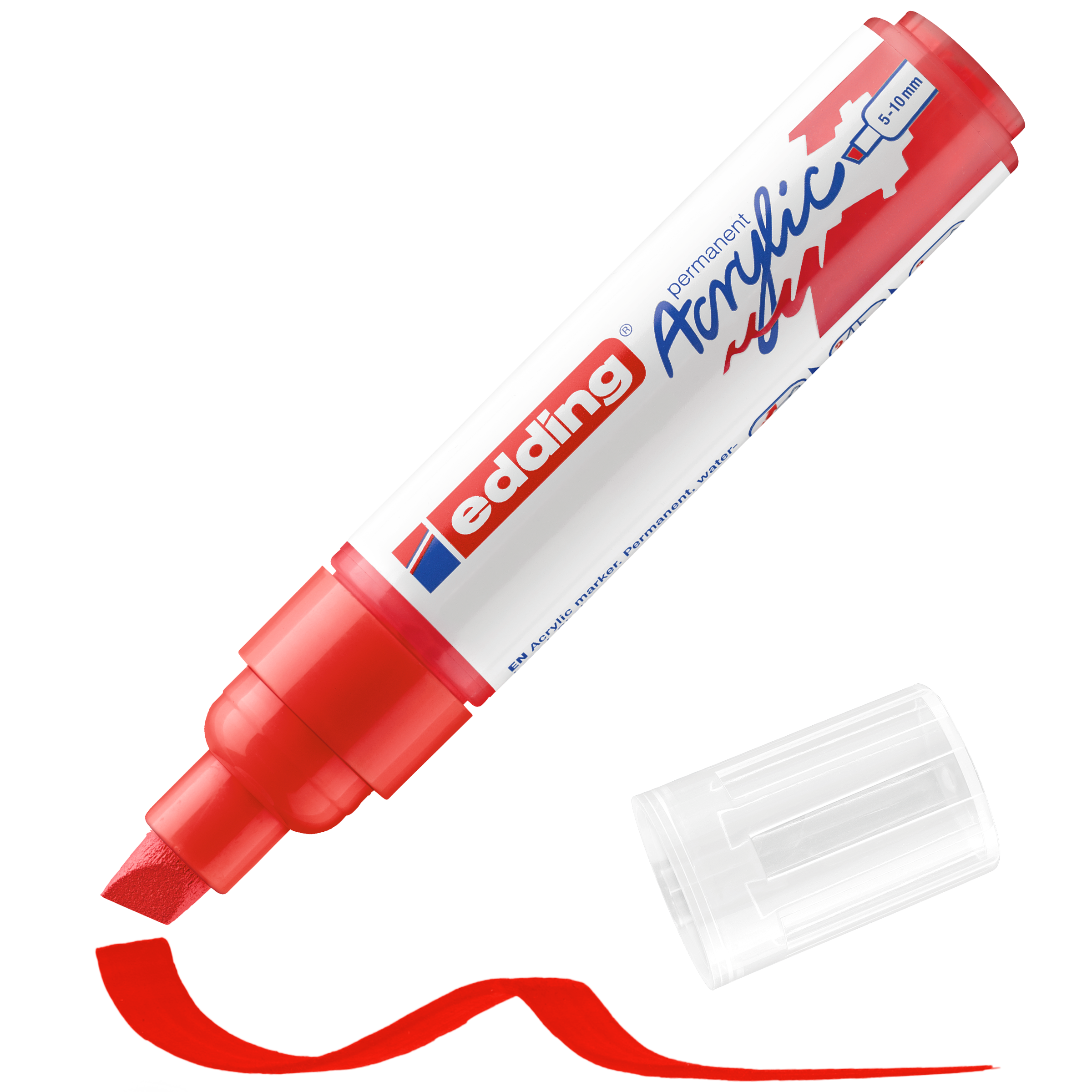Ein roter edding 5000 Acrylmarker breit zeigt ohne Kappe eine Keilspitze und hat eine kräftige, wellenförmige rote Linie gezeichnet. Die Kappe liegt daneben. Seine hochpigmentierte Tinte sorgt für leuchtende Farben über das breite Farbspektrum von edding.