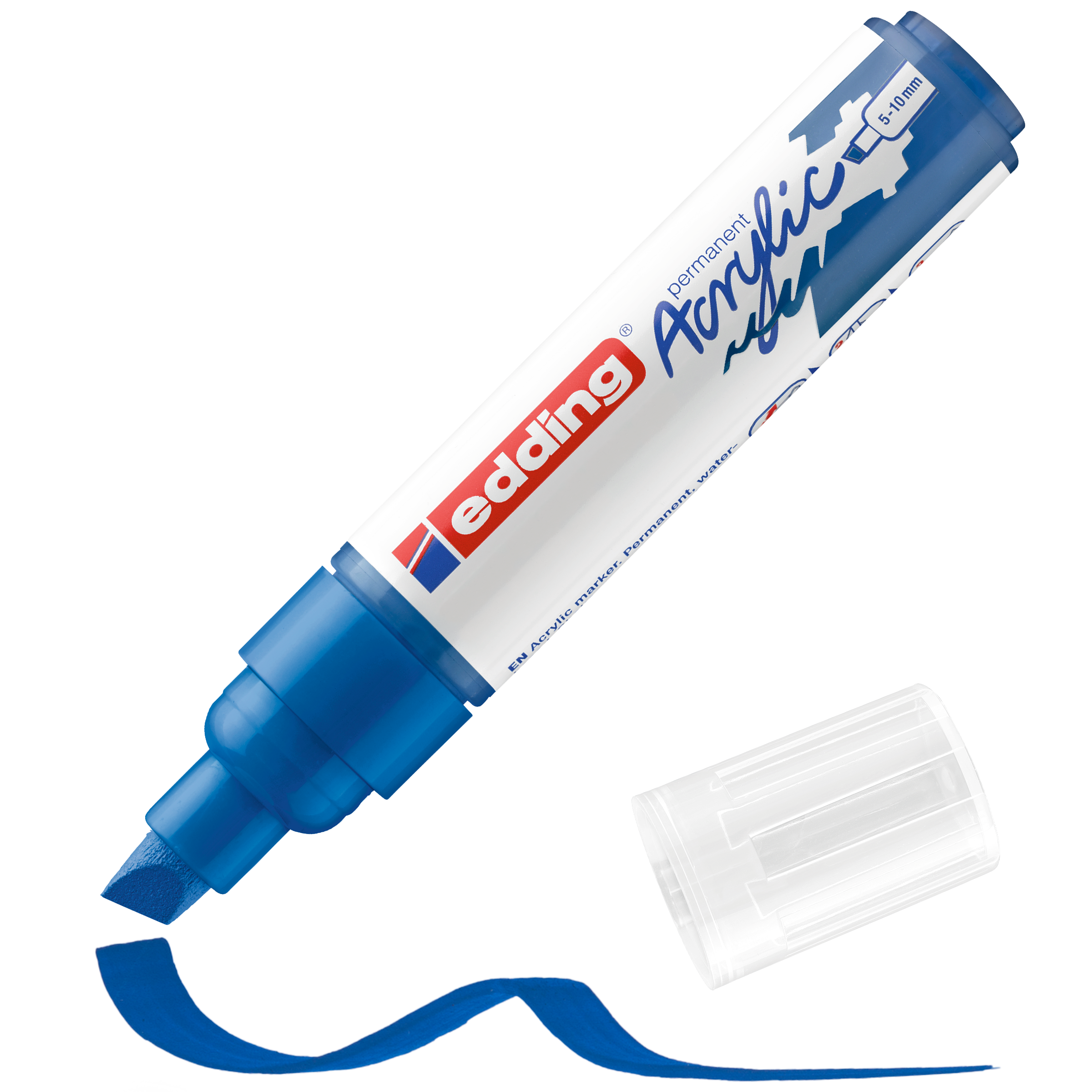 Ein blauer edding 5000 Acrylmarker breit von edding ohne Kappe liegt neben einer wellenförmigen blauen Linie in hochpigmentierter Tinte. Auf dem Etikett steht „Permanent Acrylic“ und „edding“.