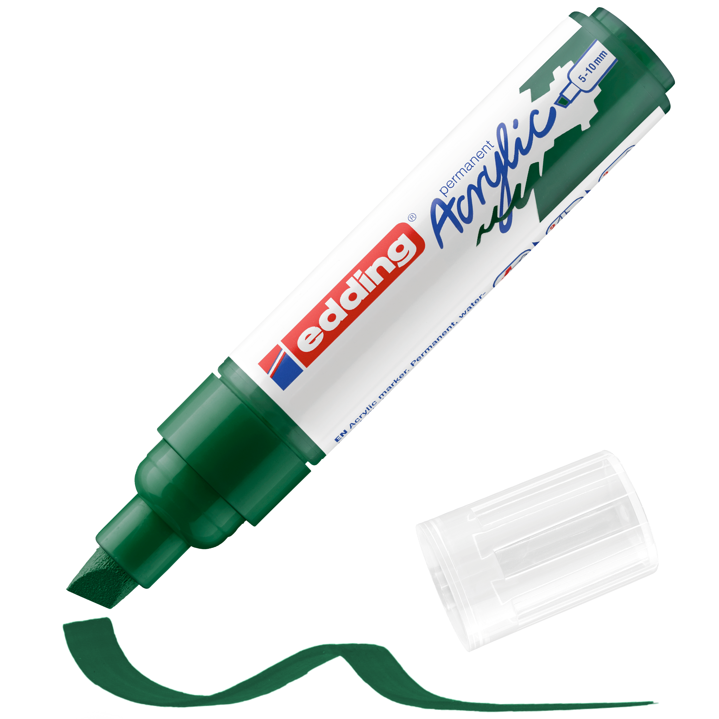 Ein grüner edding 5000 Acrylmarker breit mit Keilspitze liegt neben seiner transparenten Kappe. Eine wellenförmige grüne Linie unterstreicht die hochpigmentierte Tinte und das lebendige Farbspektrum dieses vielseitigen edding Markers.