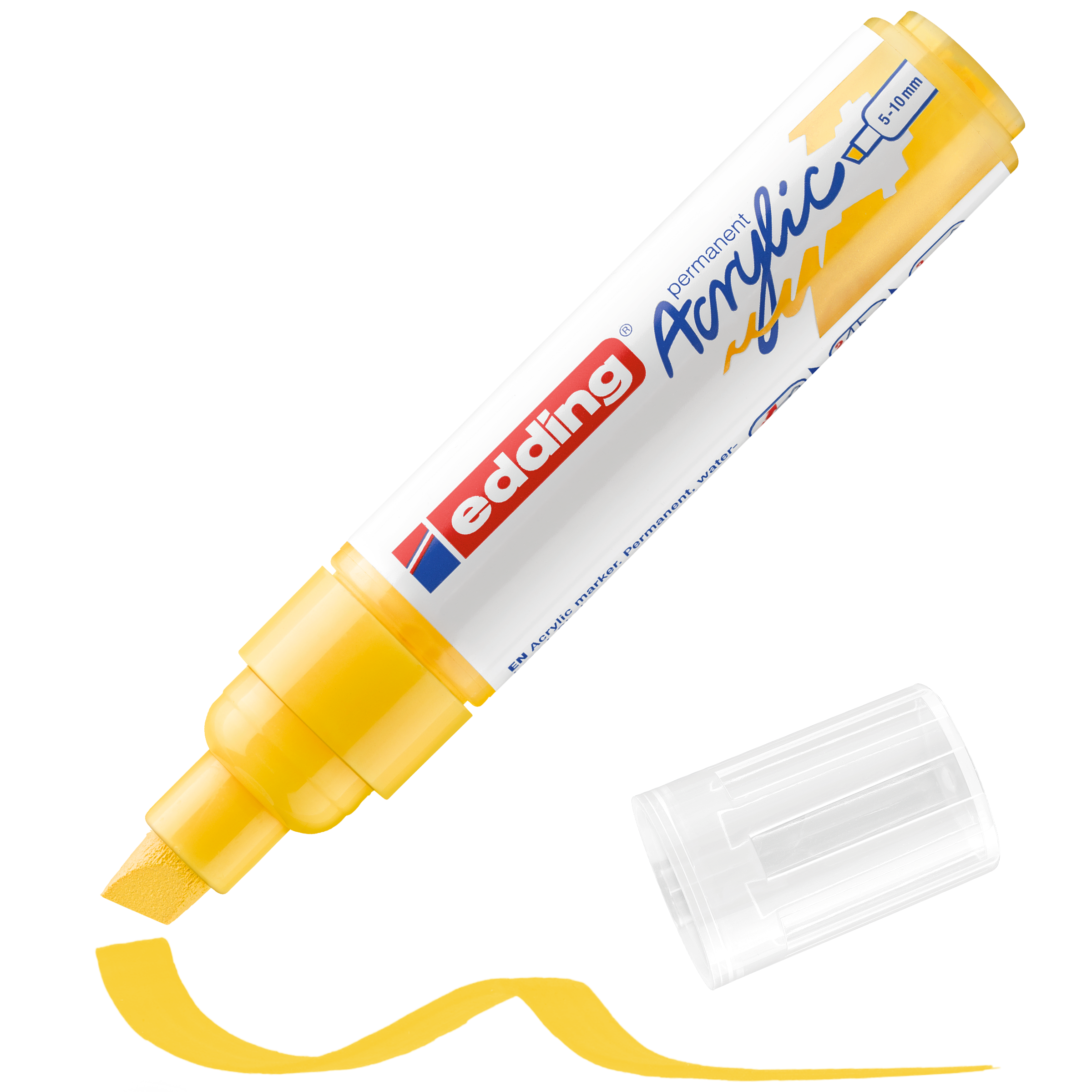 Ein gelber edding 5000 Acrylmarker breit. Die transparente Kappe ist abgenommen. Die Keilspitze zeigt eine wellenförmige gelbe Linie, die mit hochpigmentierter Tinte gezeichnet wurde. Der Marker trägt die Marke „edding“.