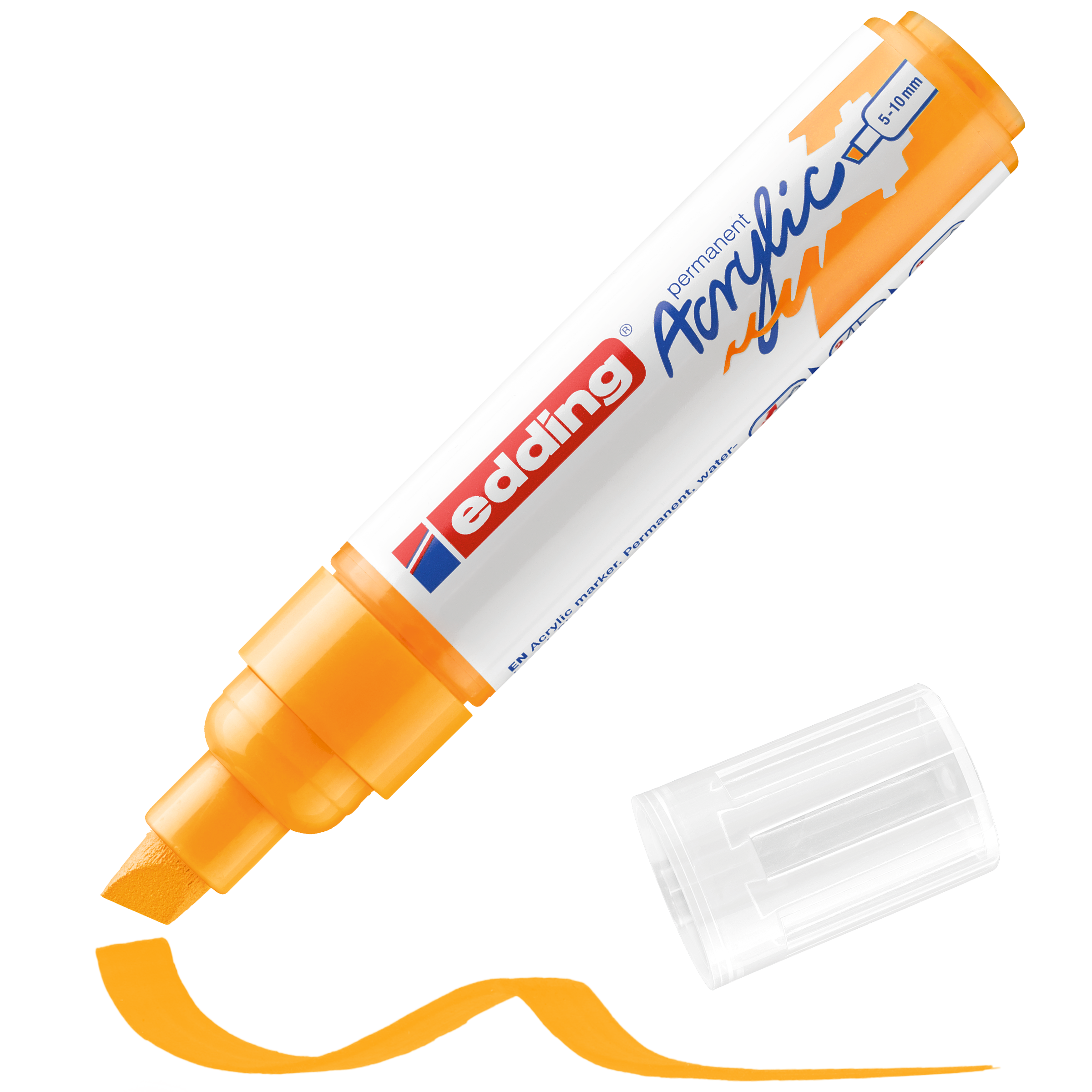 Ein orangefarbener edding 5000 Acrylmarker breit ohne Kappe liegt neben einer orangefarbenen Wellenlinie. Die Aufschrift „Permanent Acrylic Marker“ ist sichtbar, und seine breite Keilspitze sorgt für kräftige, hochpigmentierte Striche.