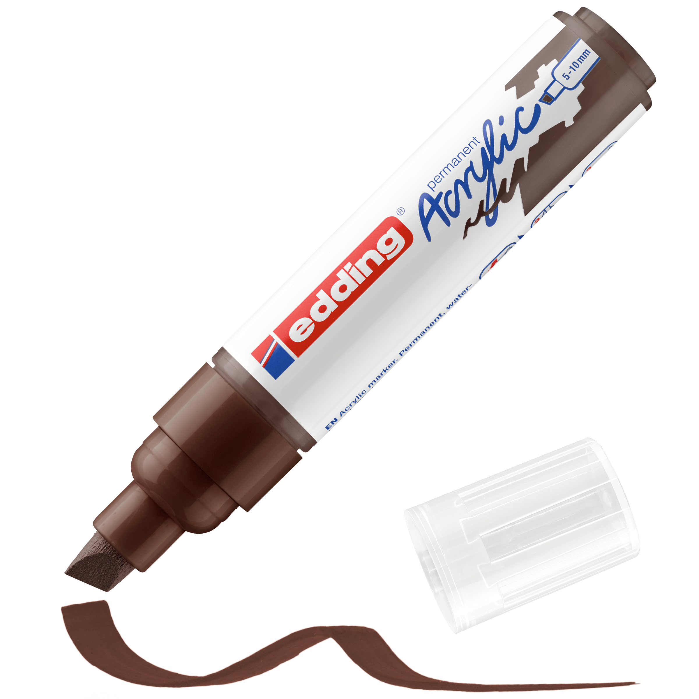 Ein edding 5000 Acrylmarker breit in Braun ohne Kappe zeigt eine Keilspitze und darunter eine kräftige, leuchtende Linie. Die transparente Kappe liegt daneben und betont die hochpigmentierte Tinte und das vielseitige Farbspektrum des Markers.