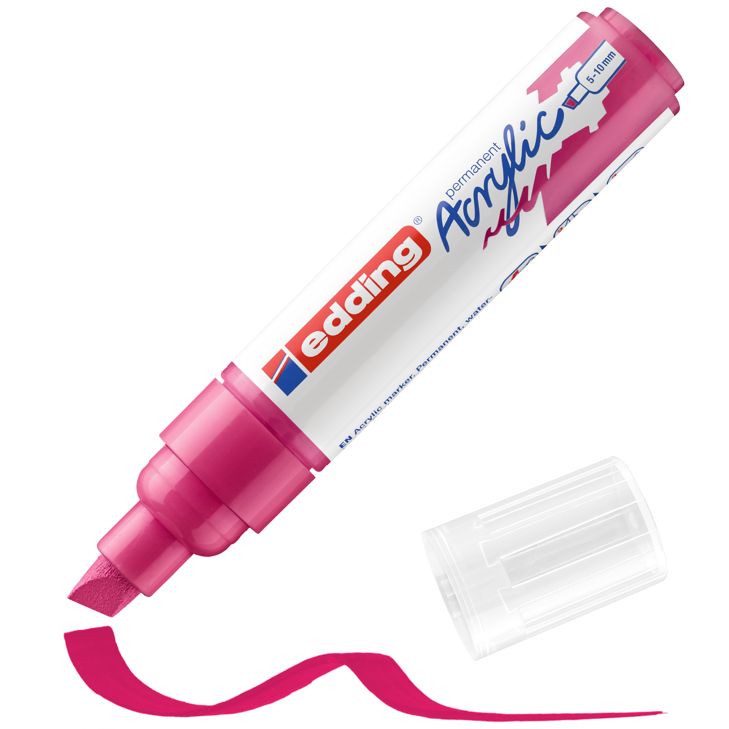 Ein rosa edding 5000 Acrylmarker breit zeigt ohne transparente Kappe eine Keilspitze und daneben eine wellenförmige rosa Linie. Auf dem Etikett steht „edding permanent Acryl 5-10 mm“. Perfekt für lebendige Designs mit hochpigmentierter Tinte.