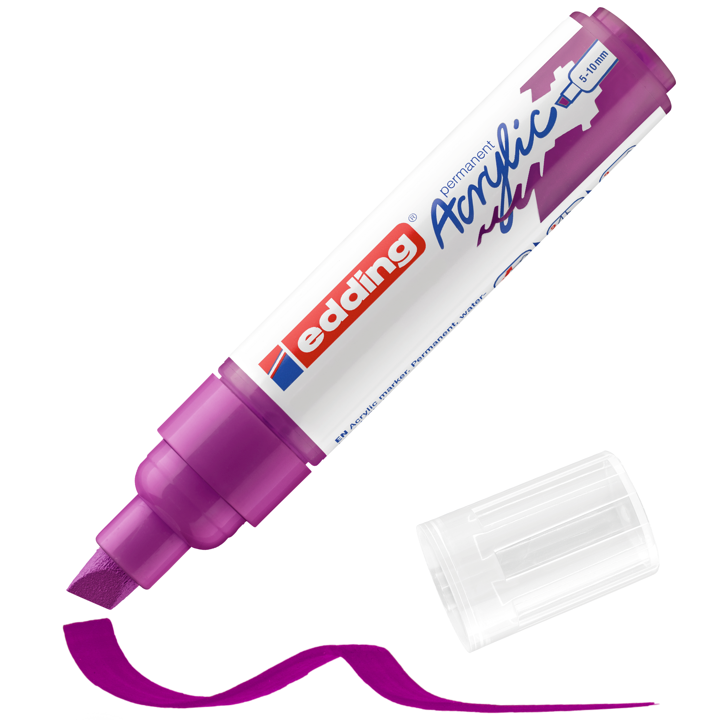 Ein violetter edding 5000 Acrylmarker breit ohne Kappe gibt den Blick auf die Keilspitze frei. Der Marker hat mit hochpigmentierter Tinte eine violette Wellenlinie gezeichnet, während die transparente Kunststoffkappe daneben liegt.