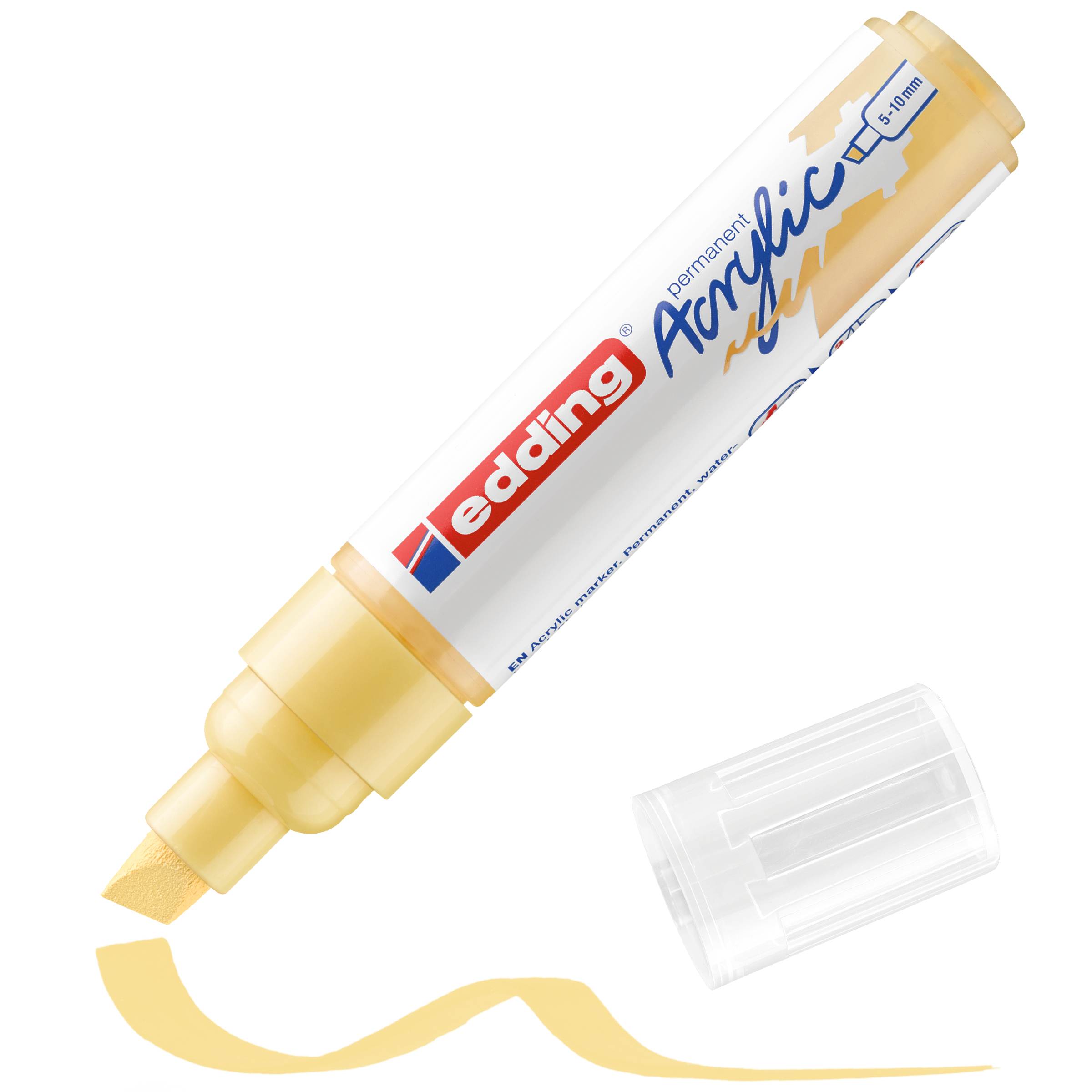 Ein gelber edding 5000 Acrylmarker breit mit hochpigmentierter Tinte und Keilspitze liegt über einer wellenförmigen gelben Farblinie, daneben liegt seine durchsichtige Kunststoffkappe.