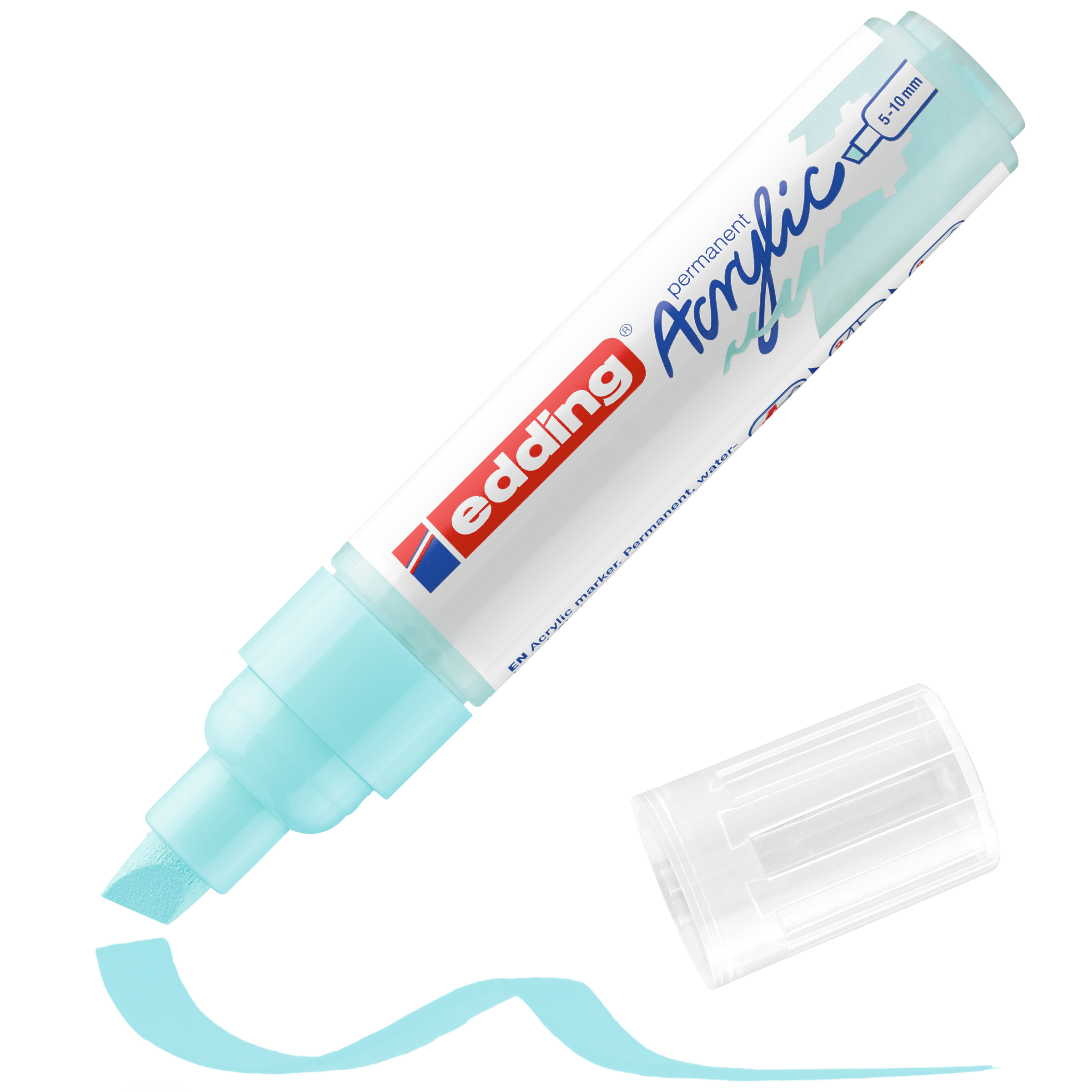 Ein hellblauer edding 5000 Acrylmarker breit mit hochpigmentierter Tinte und Keilspitze liegt neben seiner durchsichtigen Kappe, während eine blaue Wellenlinie aus der Spitze des Markers fließt.