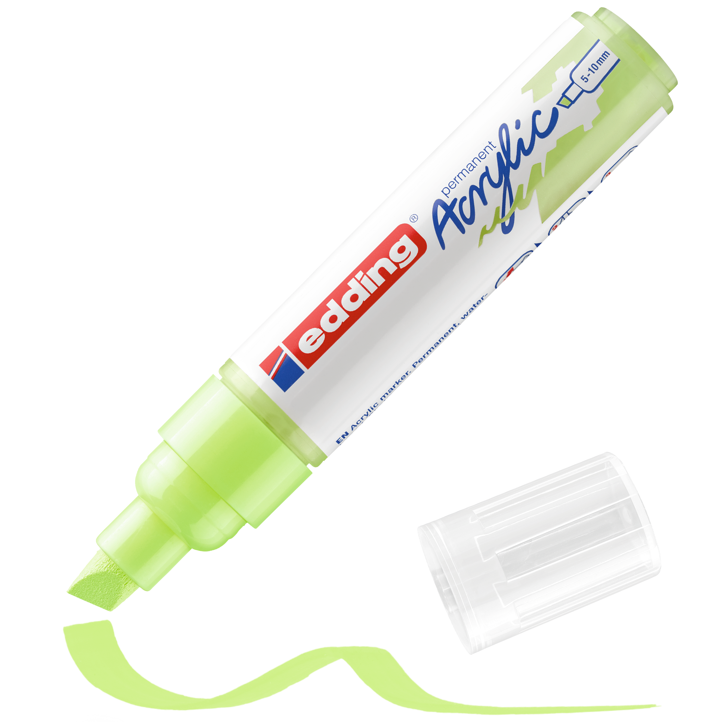Ein grüner edding 5000 Acrylmarker breit mit hochpigmentierter Tinte und Keilspitze liegt neben seiner transparenten Kappe. Der Marker trägt das edding-Logo, darunter ein leuchtend grüner Streifen aus seinem Farbspektrum.