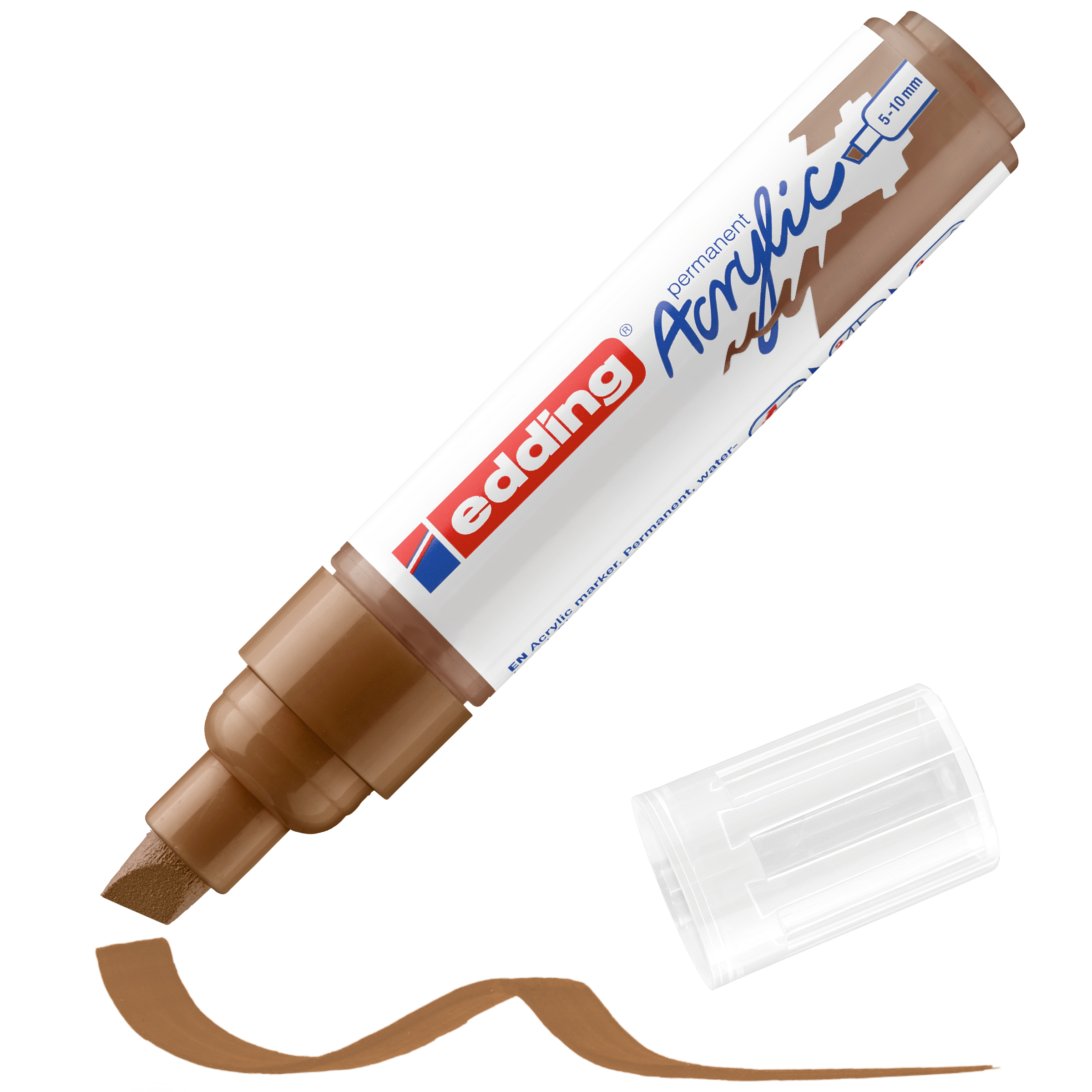 Ein brauner edding 5000 Acrylmarker breit ohne Kappe liegt neben einer wellenförmigen braunen Linie. Seine breite Keilspitze liefert hochpigmentierte Acryltinte für kräftige Striche in einem breiten Farbspektrum. Das Etikett trägt die Marke edding.