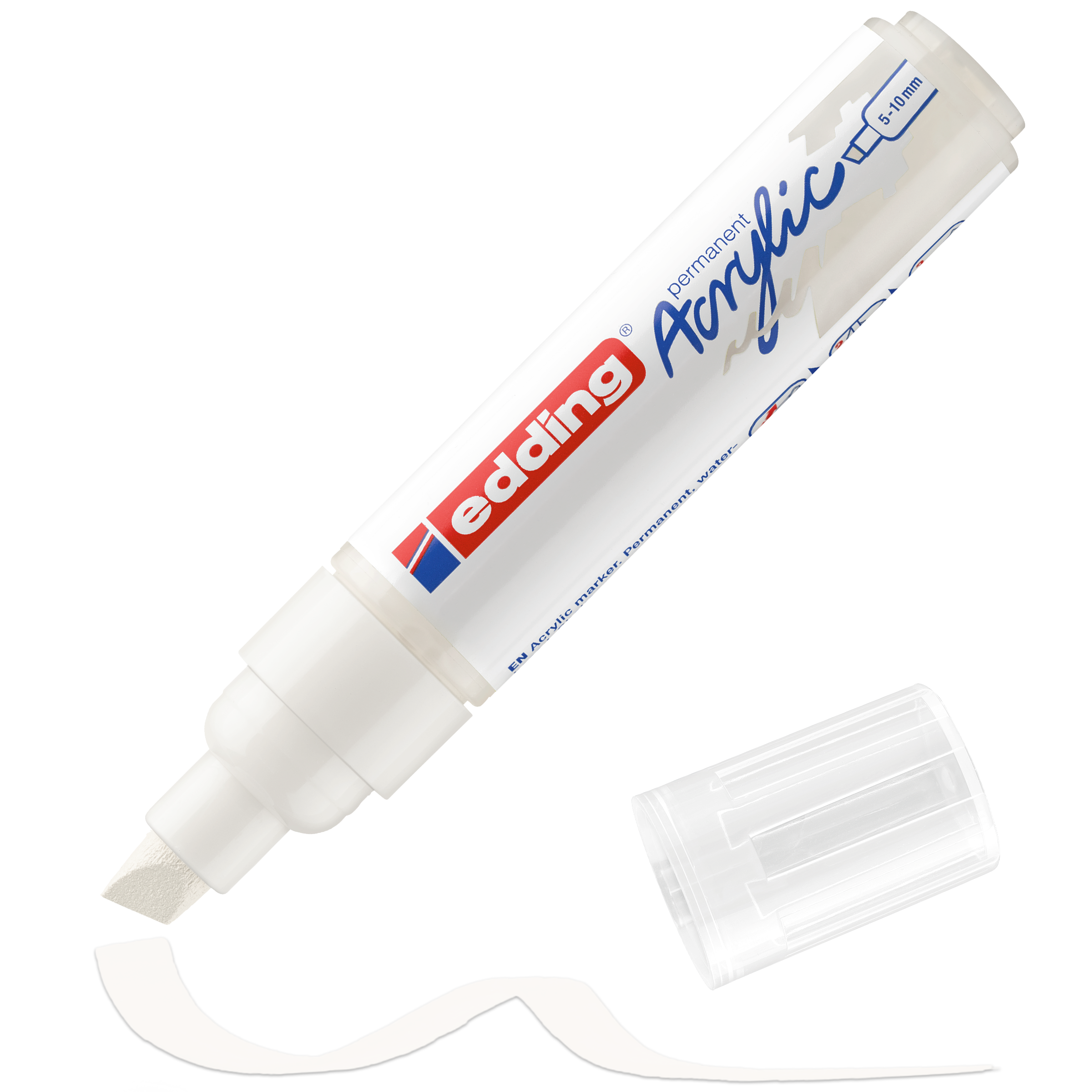Der edding 5000 Acrylmarker breit ist ein weißer permanenter Acrylmarker mit Keilspitze, transparenter Kappe und hochpigmentierter Tinte für kräftige, leuchtend weiße Farblinien.