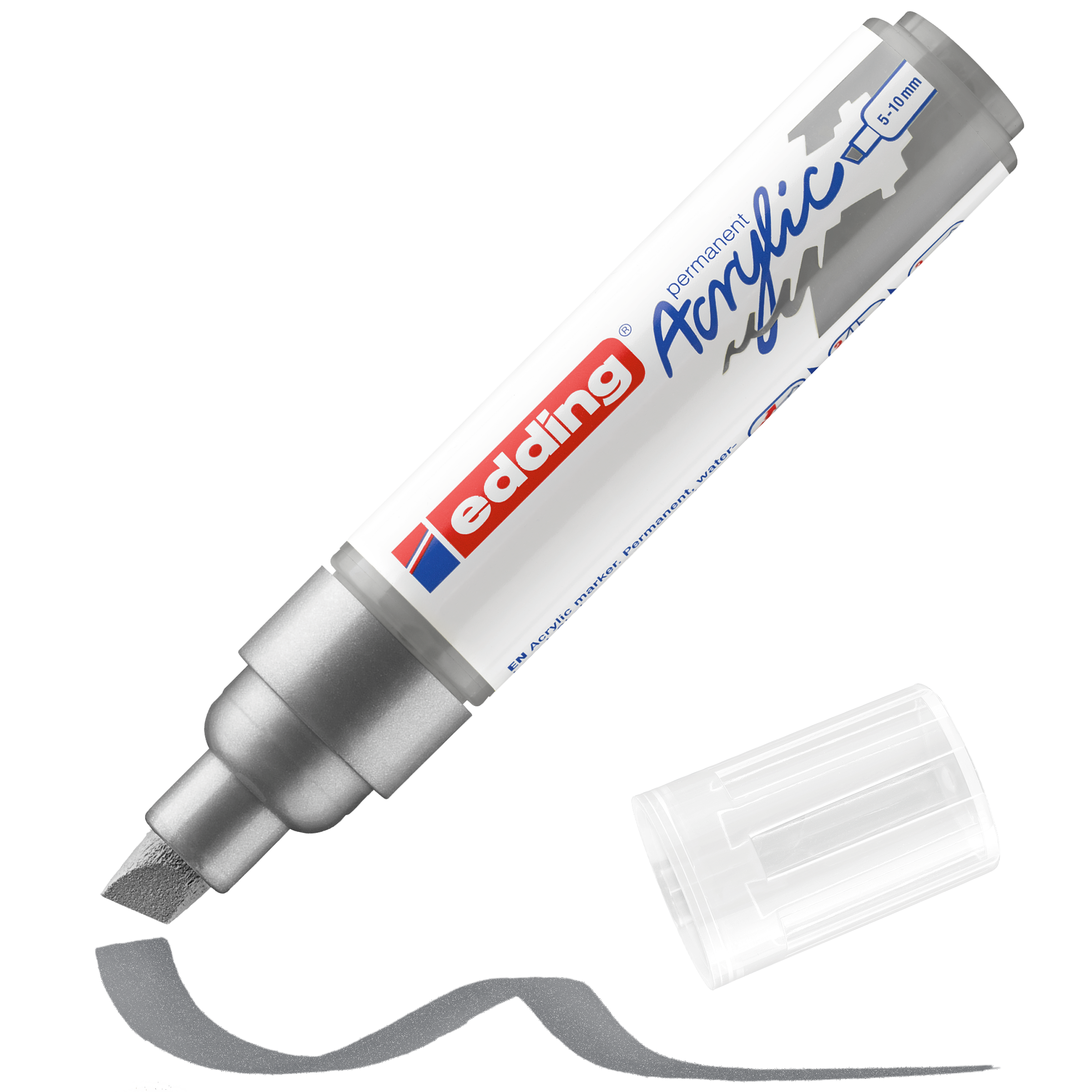 Ein dicker, grauer „edding 5000 Acrylmarker breit“ von edding ohne durchsichtige Kappe, unter der eine breite Keilspitze und ein wellenförmiger Strich hochpigmentierter Tinte zum Vorschein kommen.