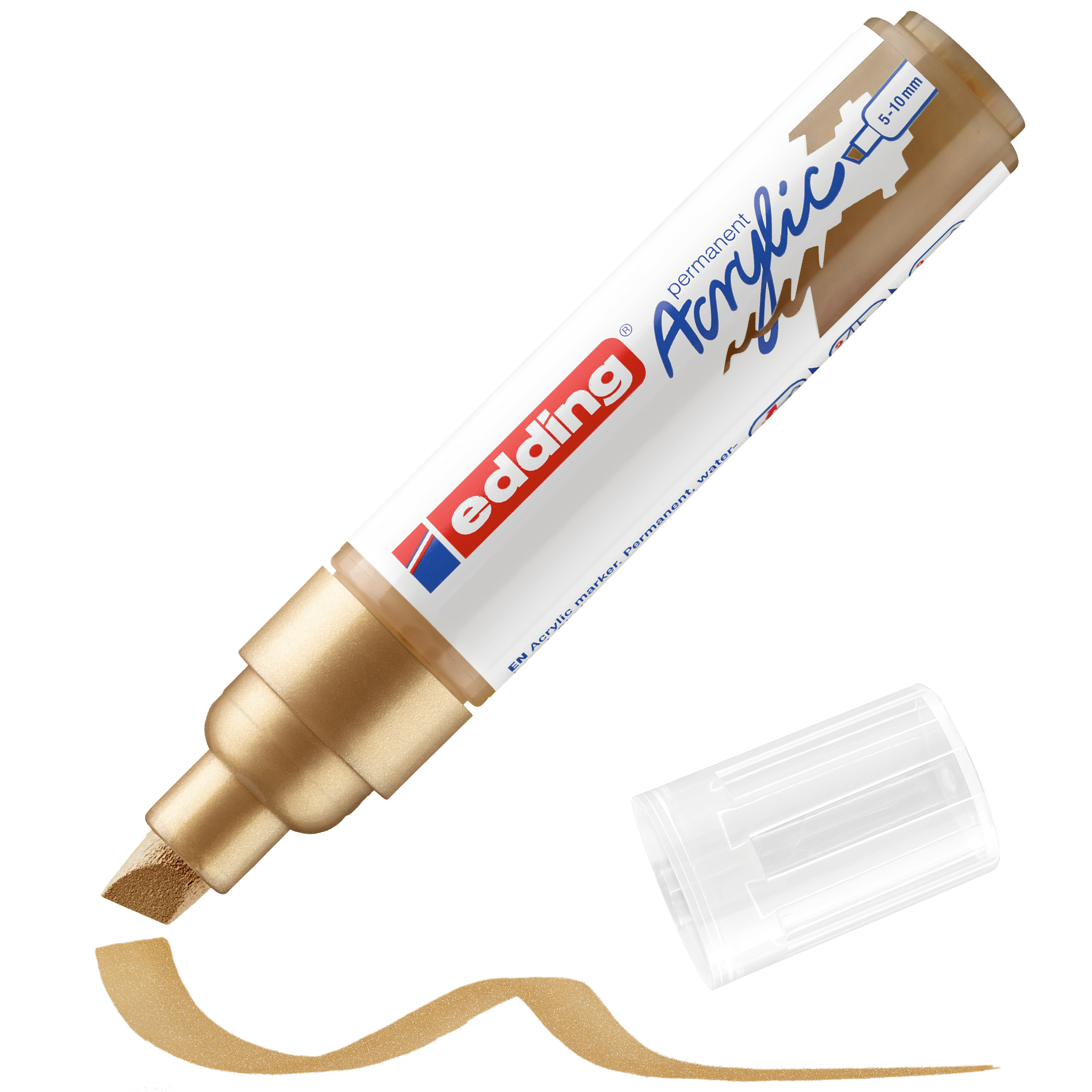 Ein goldener edding 5000 Acrylmarker breit mit Keilspitze, abgebildet ohne Kappe und mit goldenem Strich – perfekt, um Ihrer kreativen Farbpalette hochpigmentierte Tinte hinzuzufügen.