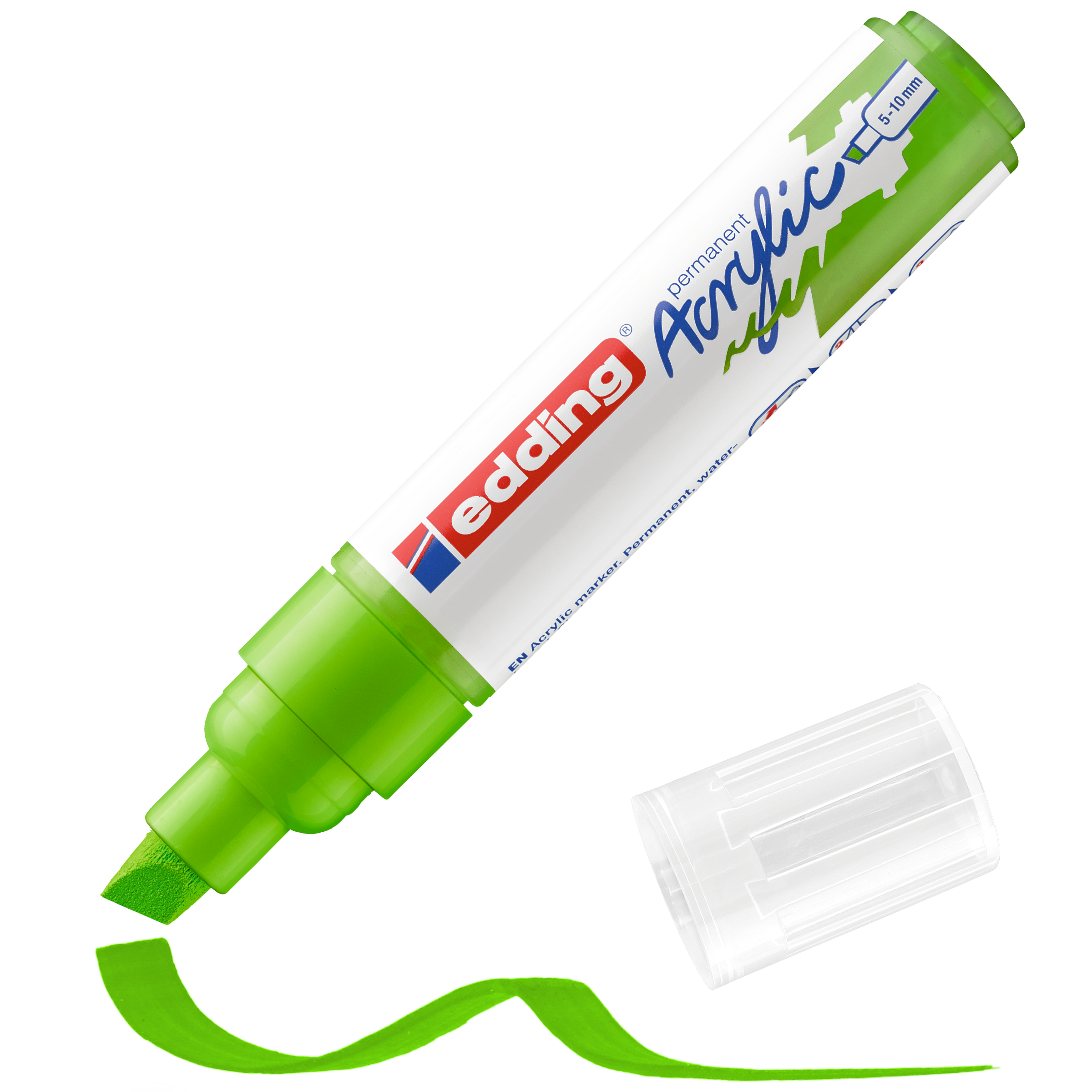 Ein grüner edding 5000 Acrylmarker breit ohne Kappe offenbart eine breite Spitze und eine wellenförmige grüne Linie. Auf dem Etikett steht „edding Permanent Acrylic“, ein 5–10 mm breiter Marker und „hochpigmentierte Tinte“ für brillante Ergebnisse.