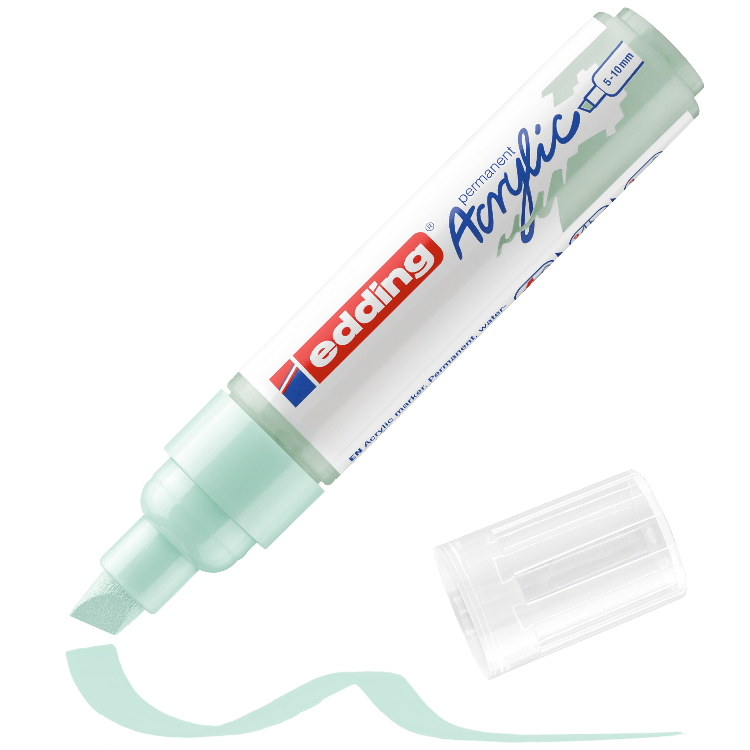 Ein mintgrüner edding 5000 Acrylmarker breit mit Keilspitze und durchsichtiger Kappe liegt neben einer geschwungenen Linie hochpigmentierter Tinte und zeigt das ikonische edding-Branding.