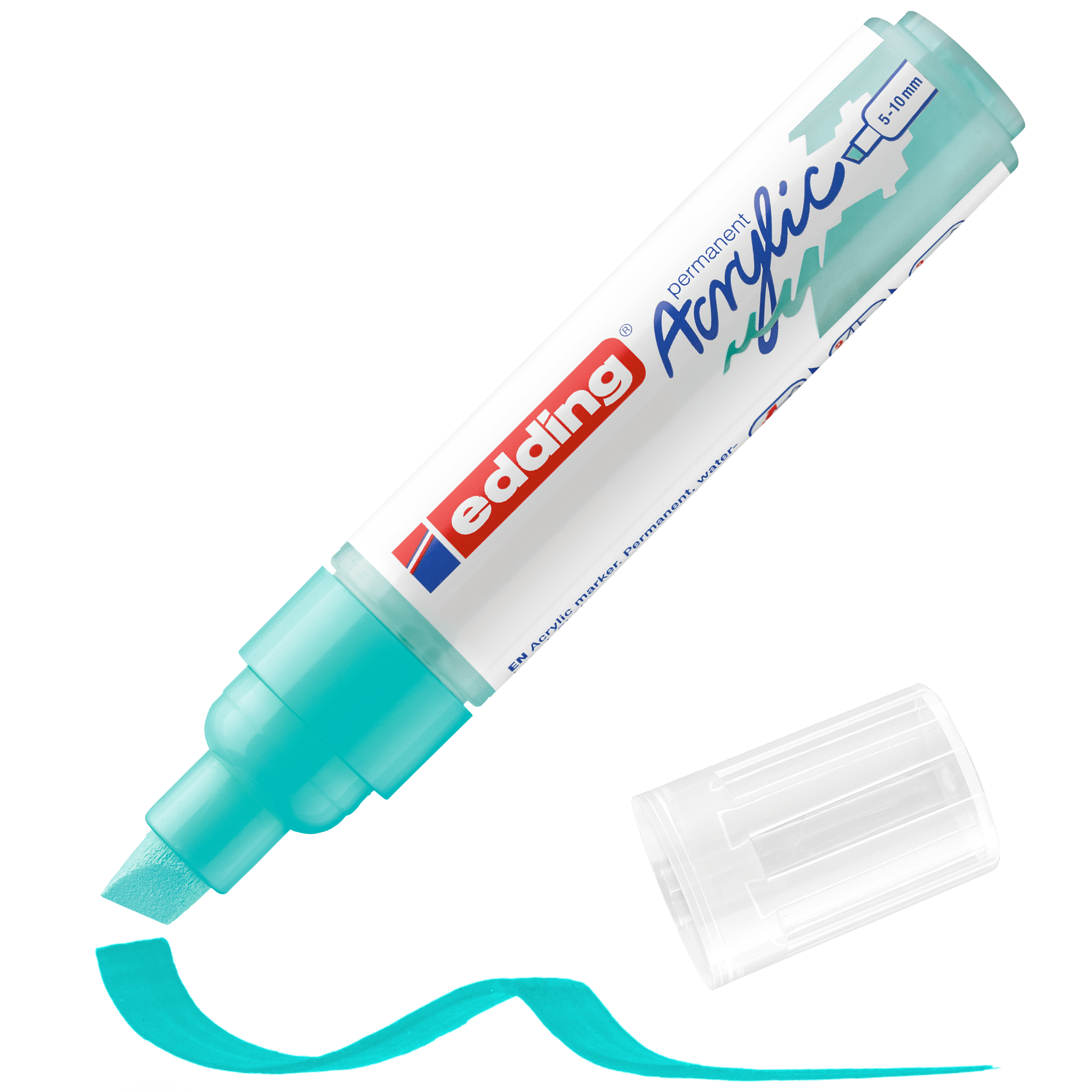 Ein türkisfarbener edding 5000 Acrylmarker breit mit hochpigmentierter Tinte und Keilspitze liegt offen, die transparente Kappe daneben. Unten ist eine türkisfarbene Wellenlinie zu sehen. Auf dem Etikett steht „edding Permanent Acryl“.