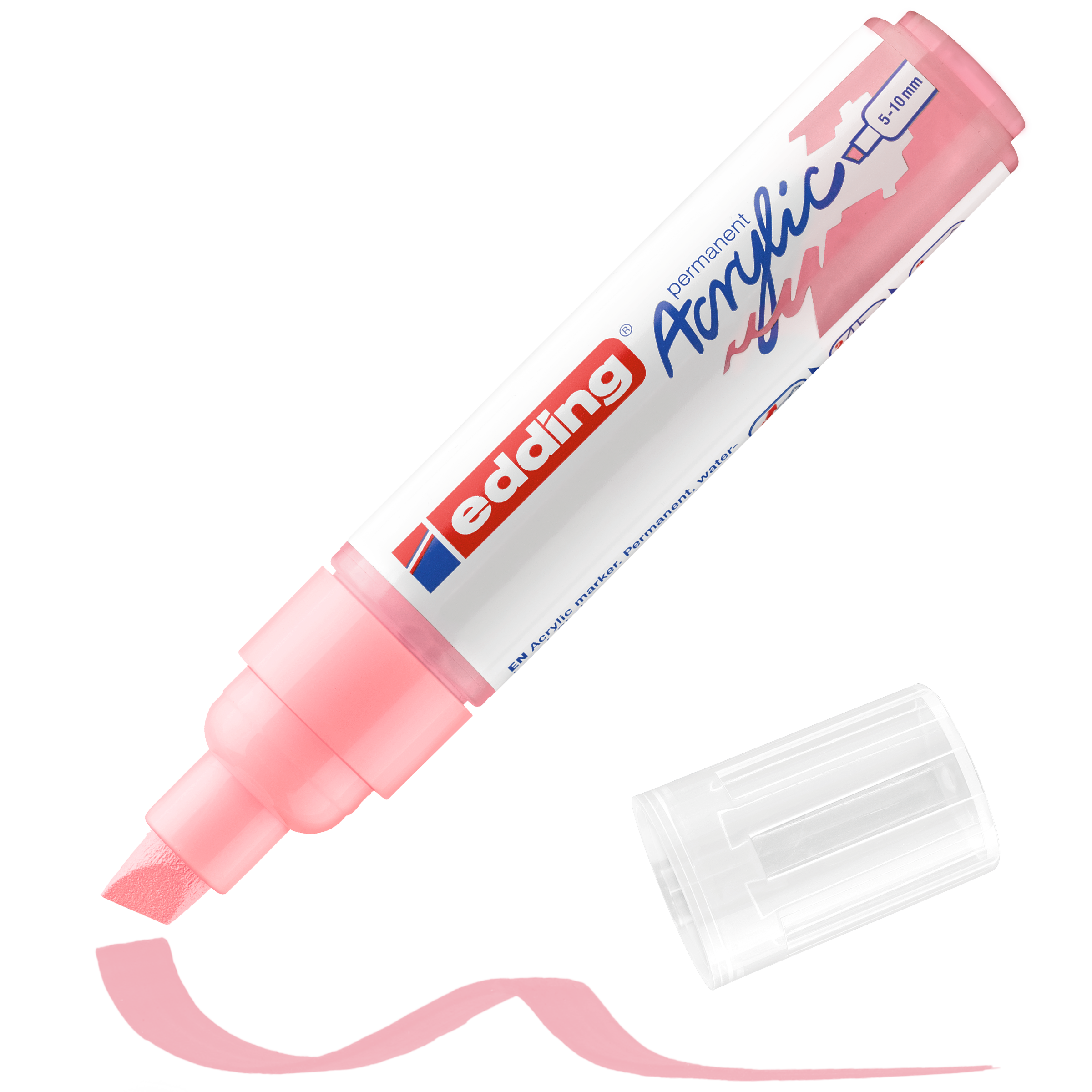 Der edding 5000 Acrylmarker breit in Pink zeichnet mit abgenommener Keilspitze und transparenter Kappe eine pinkfarbene Wellenlinie darunter, um die hochpigmentierte Tinte und das lebendige Farbspektrum der edding-Tinte hervorzuheben.
