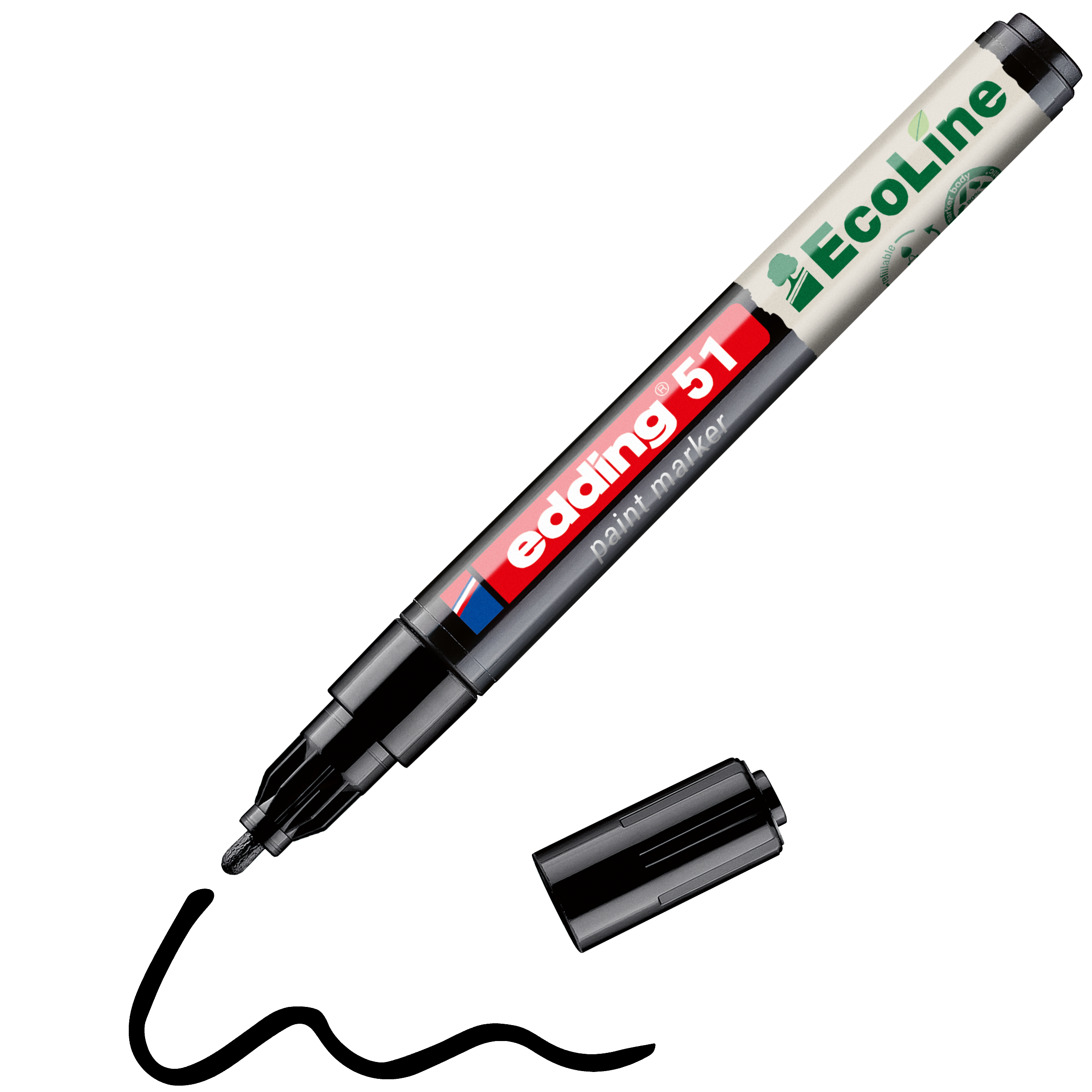 Ein schwarzer edding 51 EcoLine Lackmarker, wasserbasiert, von edding wird ohne Kappe mit sichtbarer Markerspitze und umweltfreundlicher Kennzeichnung abgebildet – perfekt für umweltbewusste Nutzer.