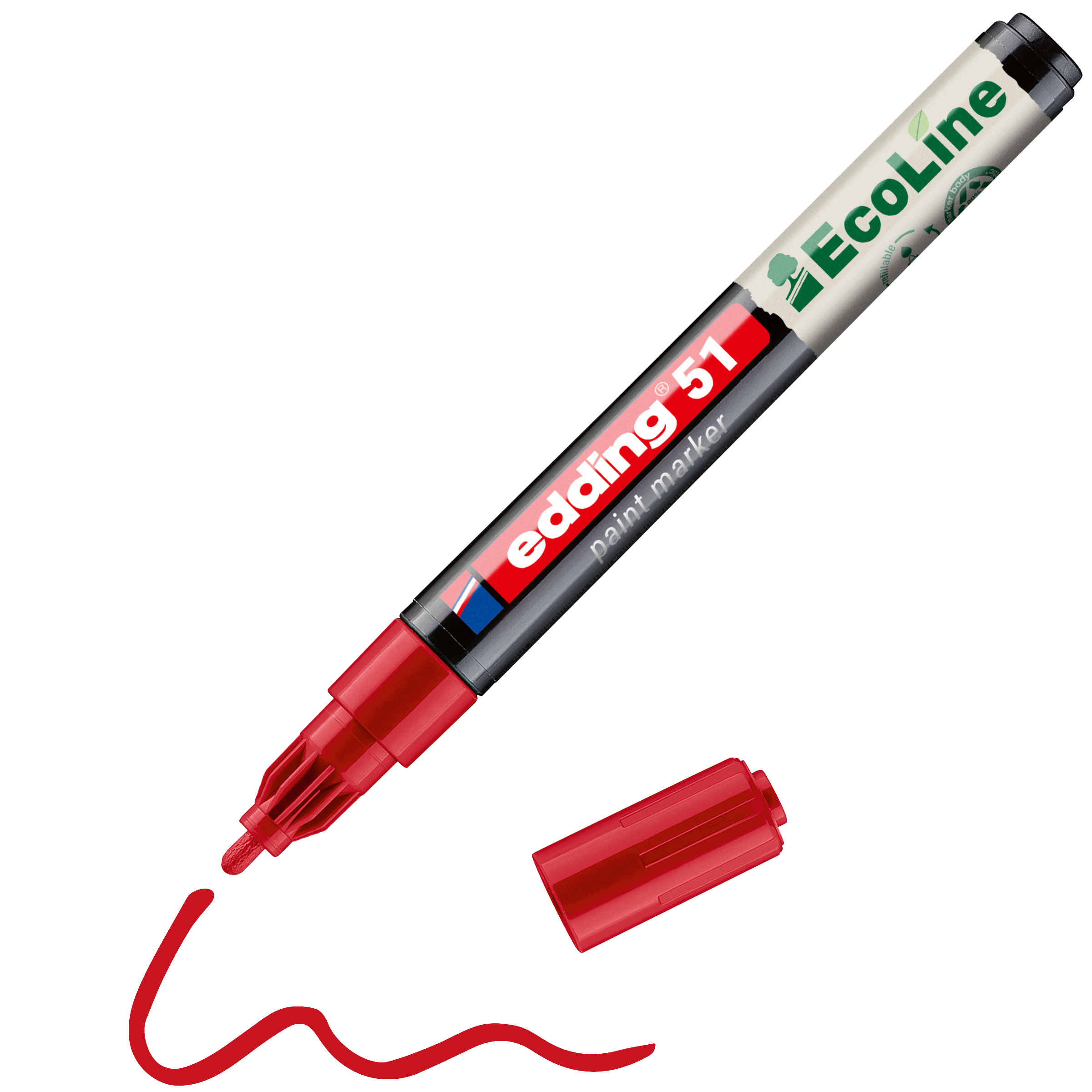 Ein roter edding 51 EcoLine Lackmarker, wasserbasiert, ohne Kappe liegt neben einer roten Wellenlinie. Der Marker verfügt über das grüne EcoLine-Logo, einen transparenten Tintenbereich und ist eine umweltfreundliche Wahl für Profis.