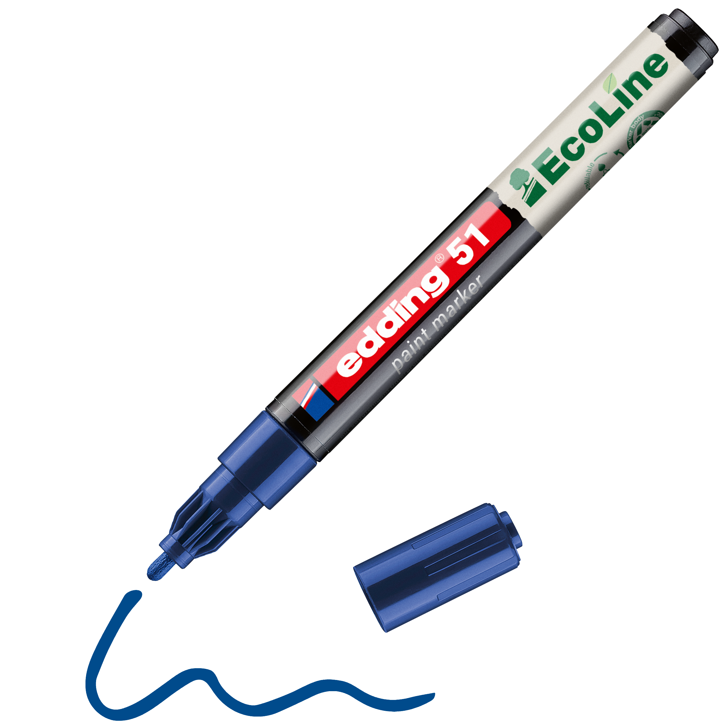 Ein blauer edding 51 EcoLine Lackmarker, wasserbasiert, zeichnet mit abgenommener Kappe eine wellenförmige blaue Linie. Das umweltfreundliche Branding und die sichtbare Spitze machen diesen Edding-Marker zu einer umweltfreundlichen Wahl für nachhaltiges Markieren.