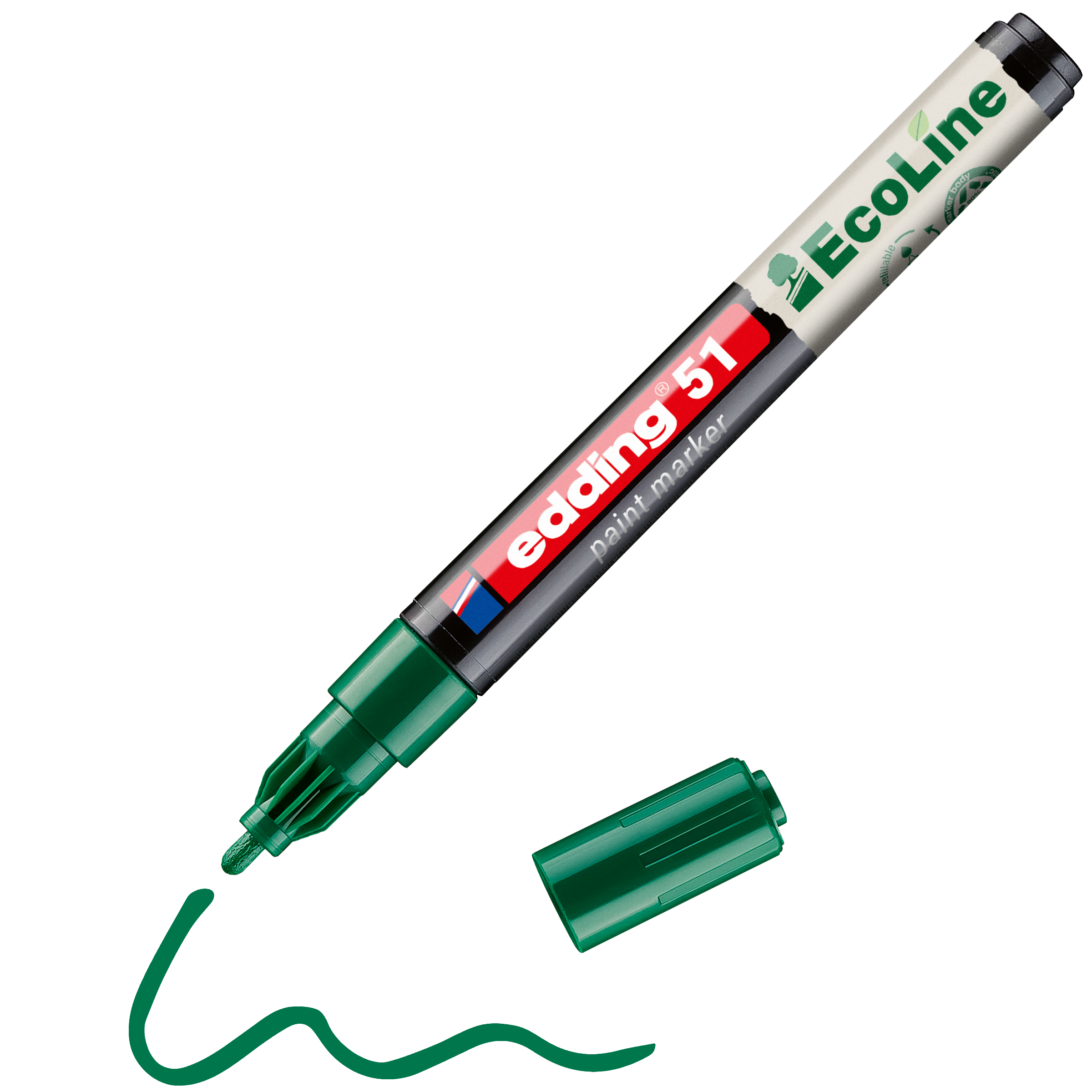 Ein grüner edding 51 EcoLine Lackmarker ohne Kappe, wasserbasiert, liegt neben einer verschnörkelten grünen Linie unter seiner Spitze – was diesen edding Marker als umweltfreundliche und nachhaltige Wahl hervorhebt.
