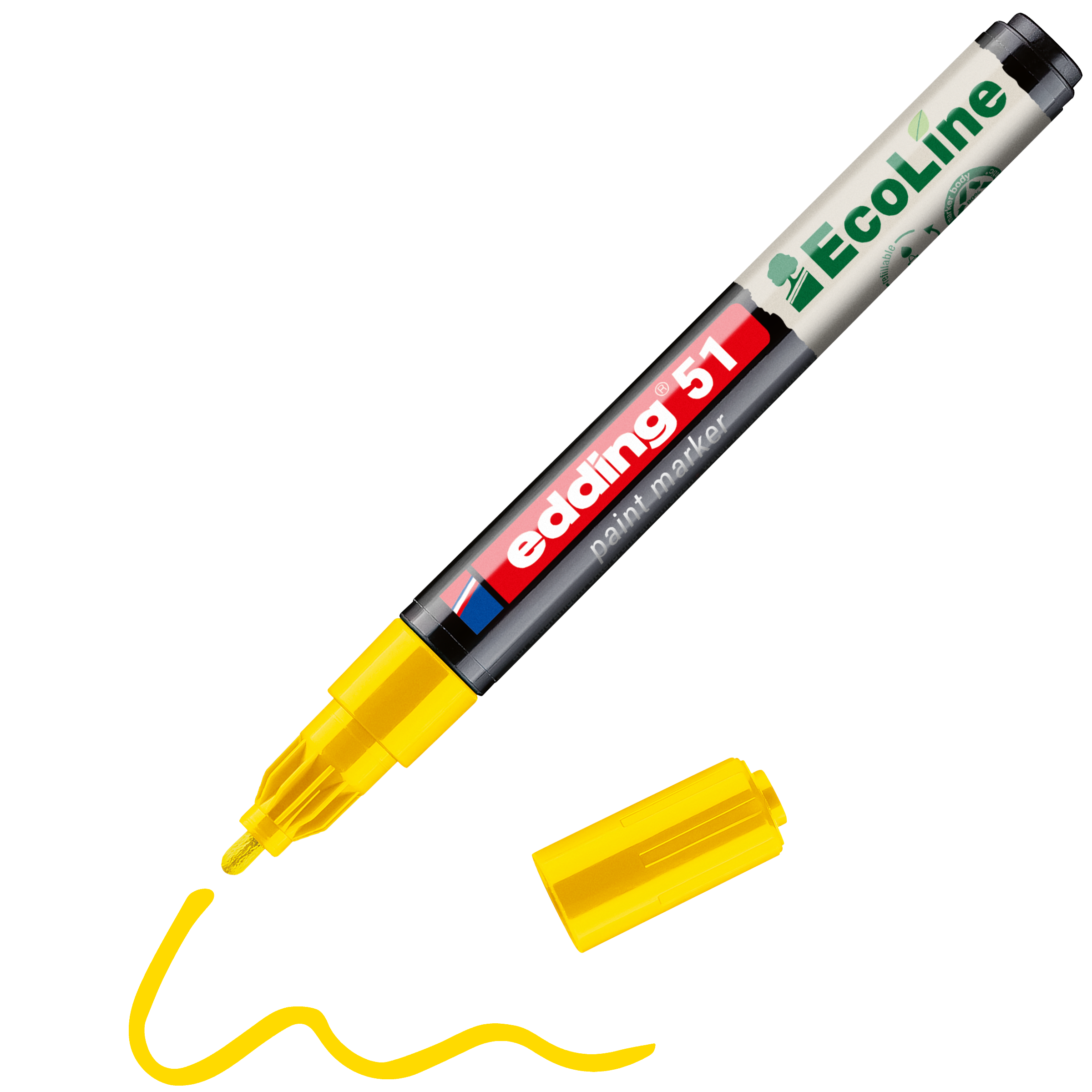 Ein gelber edding 51 EcoLine Lackmarker, wasserbasiert, ist ohne Kappe abgebildet. Unter der Spitze befindet sich eine gelbe Wellenlinie. Die Kappe rechts unterstreicht die nachhaltige Entscheidung von edding für umweltfreundliche Kreativität.