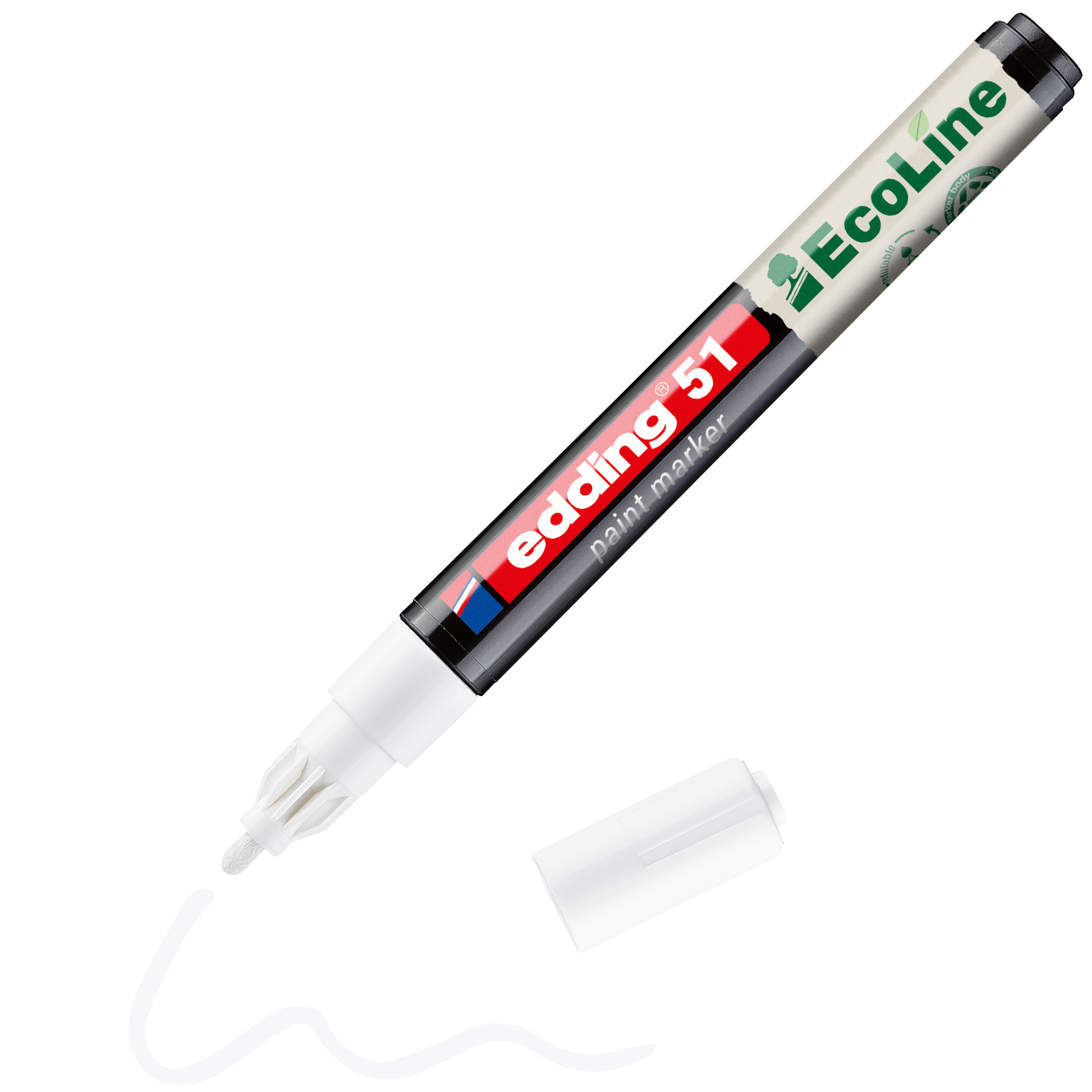 Ein schwarzer edding 51 EcoLine Lackmarker, wasserbasiert, mit weißer Spitze und Kappe zeichnet eine weiße Wellenlinie. Die Kappe liegt in der Nähe – ein umweltfreundlicher Marker von edding für kreative Köpfe.