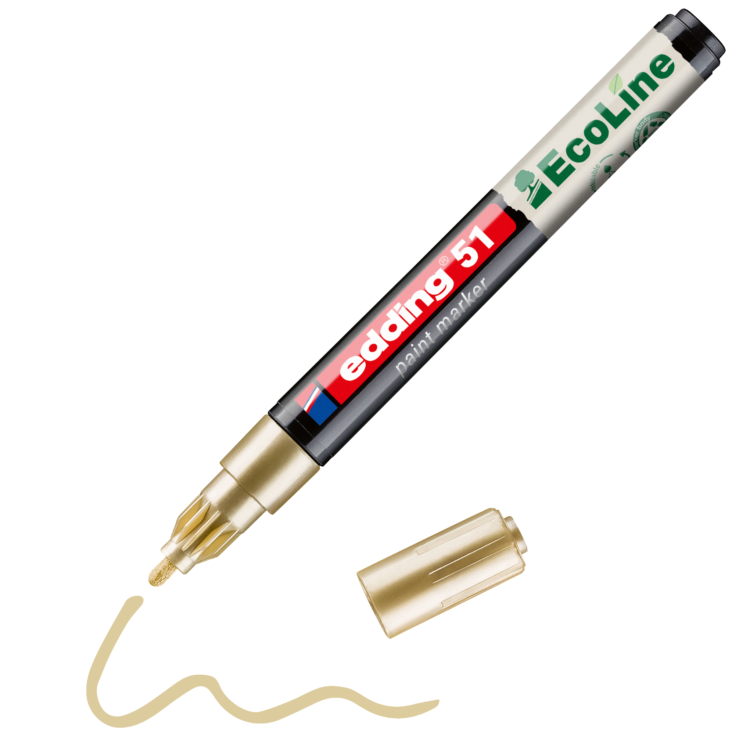 Ein geöffneter edding 51 EcoLine Lackmarker, wasserbasiert von edding, zeigt unter der Spitze eine gezeichnete goldene Schnörkelschrift – eine umweltfreundliche und nachhaltige Wahl, ideal für Profis.