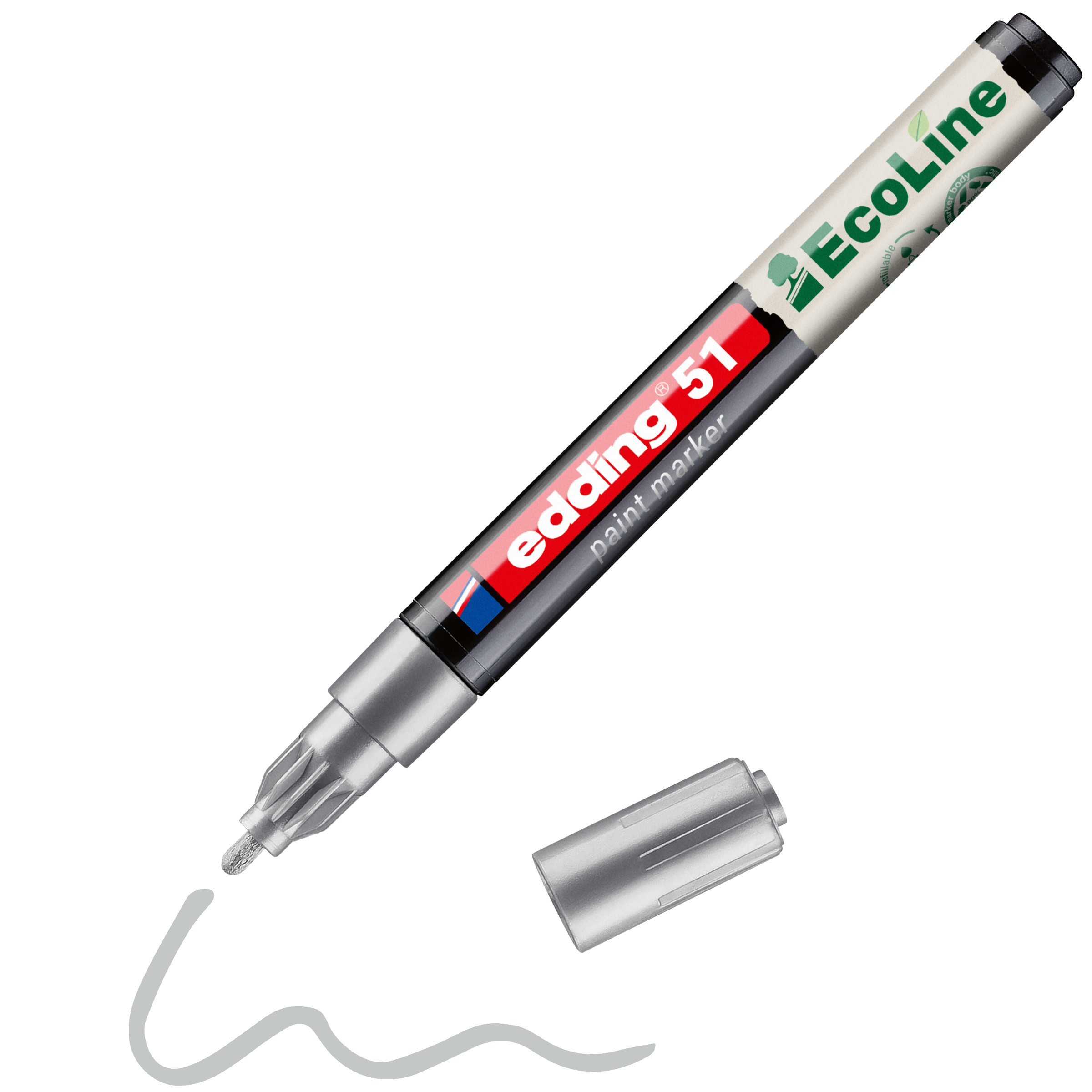 Ein schwarzer edding 51 EcoLine Lackmarker, wasserbasiert, mit abgenommener Kappe liegt neben einer wellenförmigen weißen Linie, die er gezeichnet hat; Das Etikett zeigt das grüne und rote Branding von Edding und hebt diesen Marker als umweltfreundliche und nachhaltige Wahl hervor.