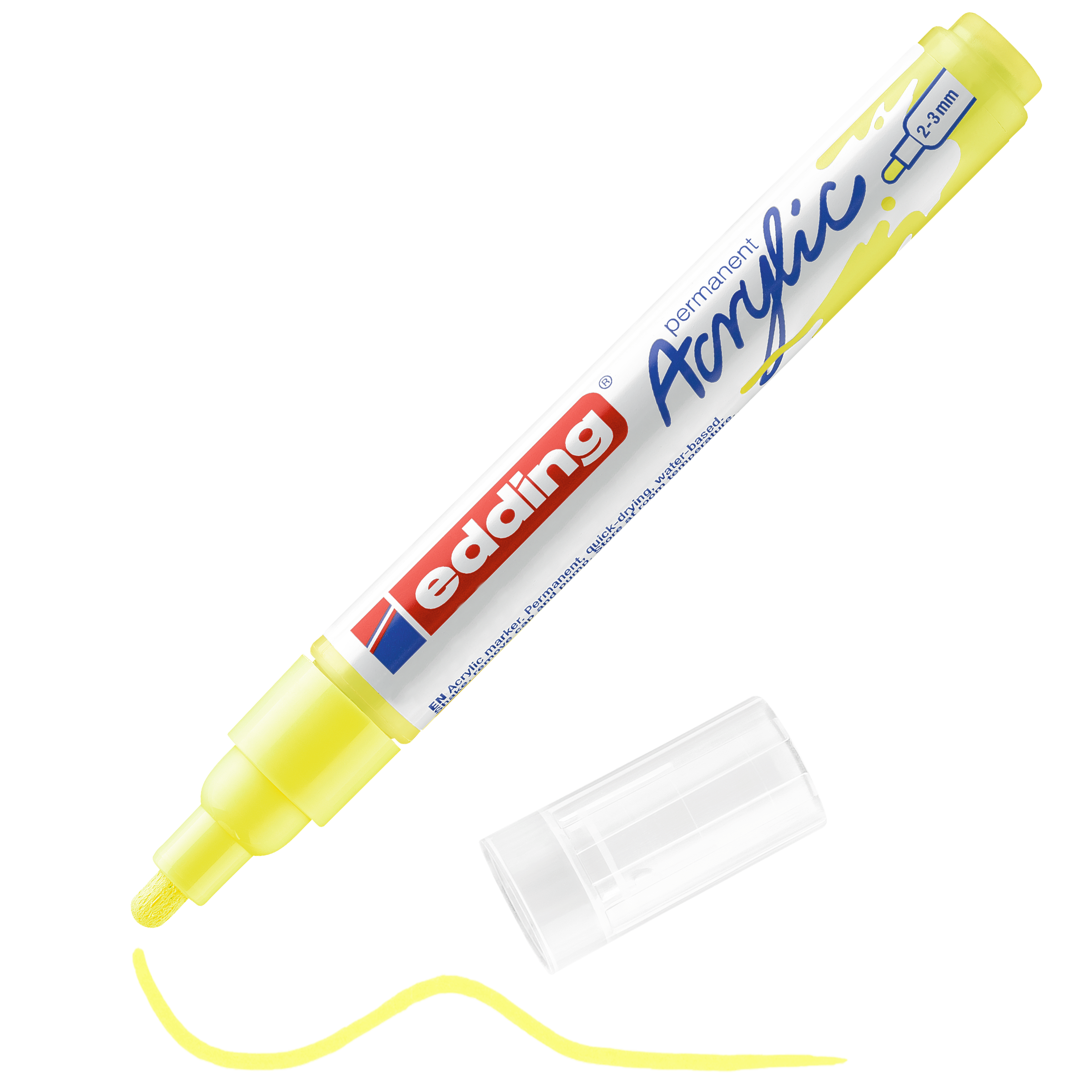 edding 5100 Acrylmarker medium in neongelb mit offener Kappe und einem gemaltem Strich