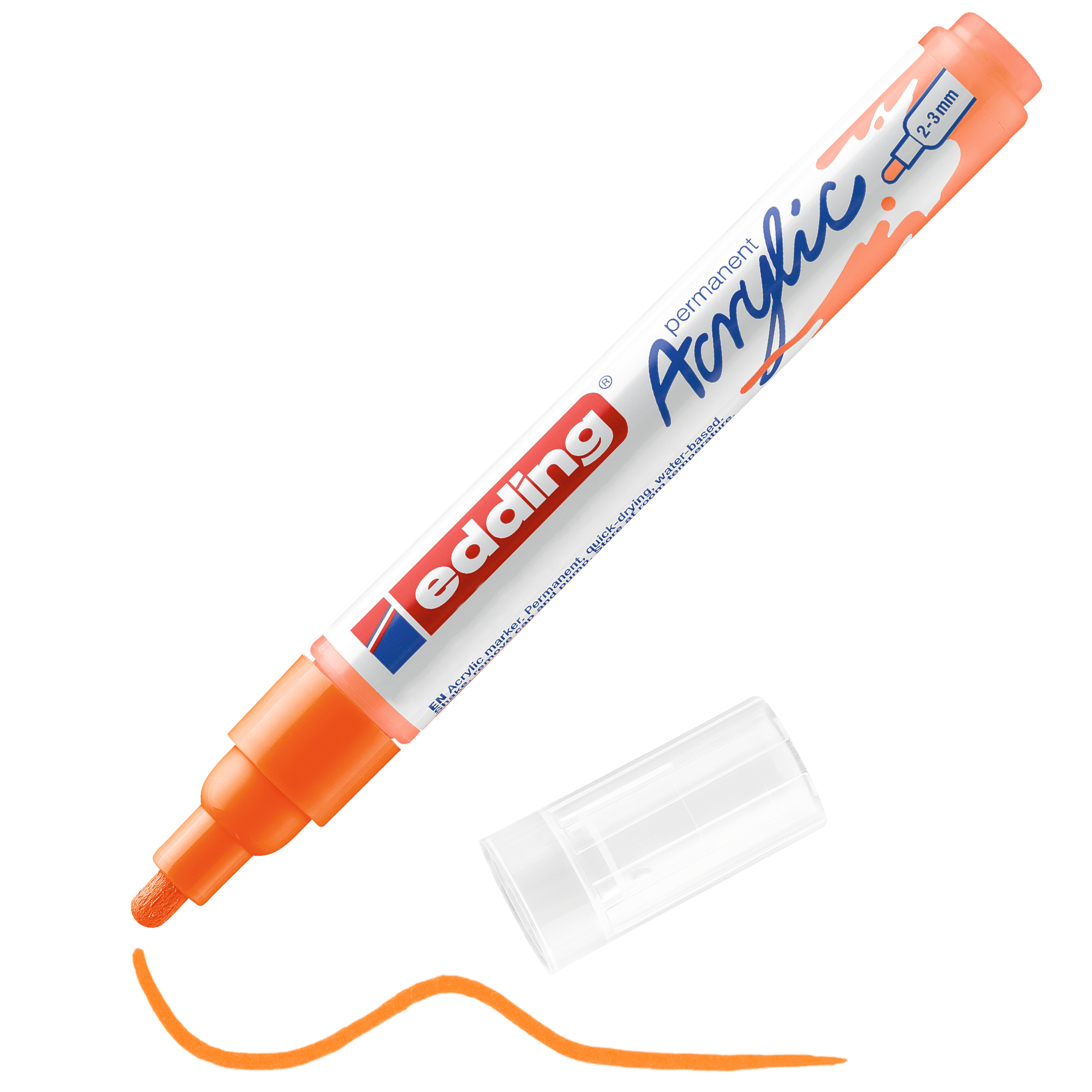edding 5100 Acrylmarker medium in neonorange mit offener Kappe und einem gemaltem Strich