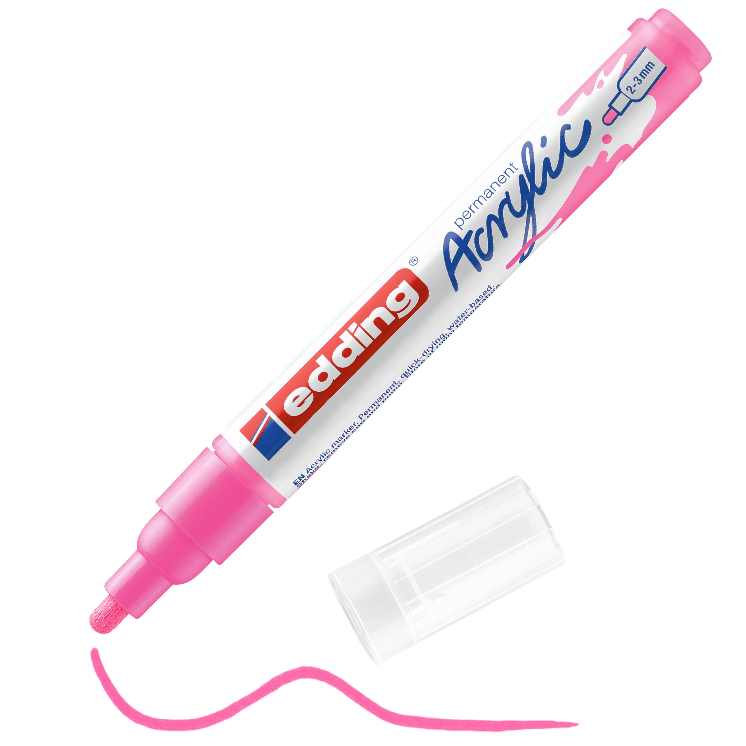 edding 5100 Acrylmarker medium in neonpink mit offener Kappe und einem gemaltem Strich