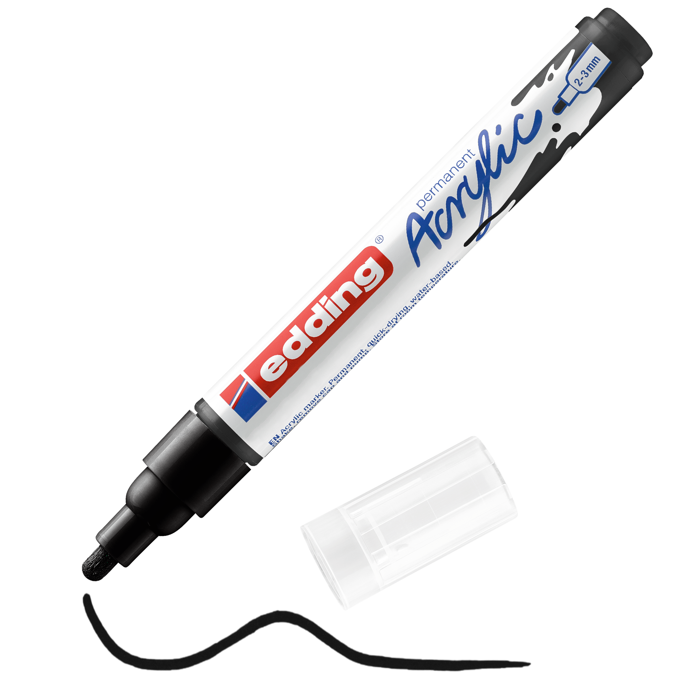 edding 5100 Acrylmarker medium in schwarz matt mit offener Kappe und einem gemaltem Strich