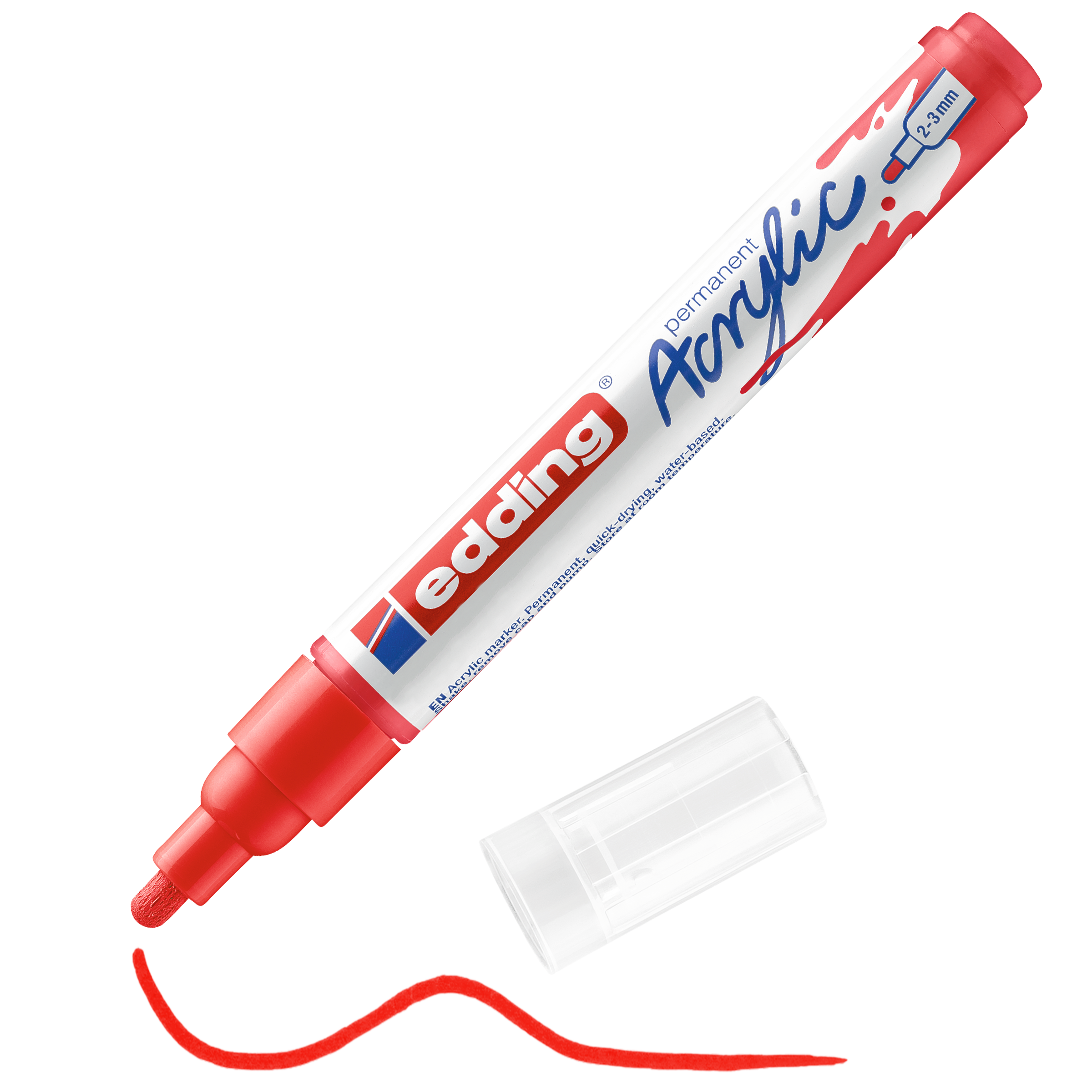 edding 5100 Acrylmarker medium in rot mit offener Kappe und einem gemaltem Strich