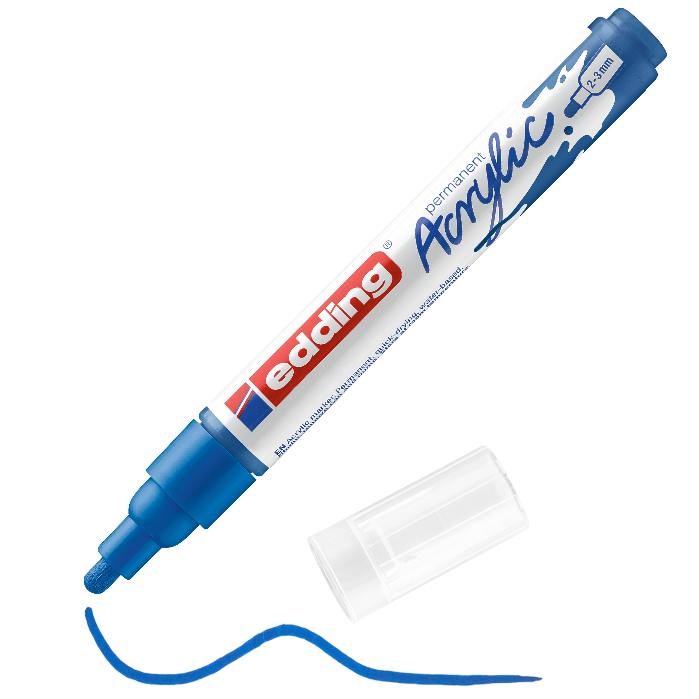 edding 5100 Acrylmarker medium in enzianblau matt mit offener Kappe und einem gemaltem Strich