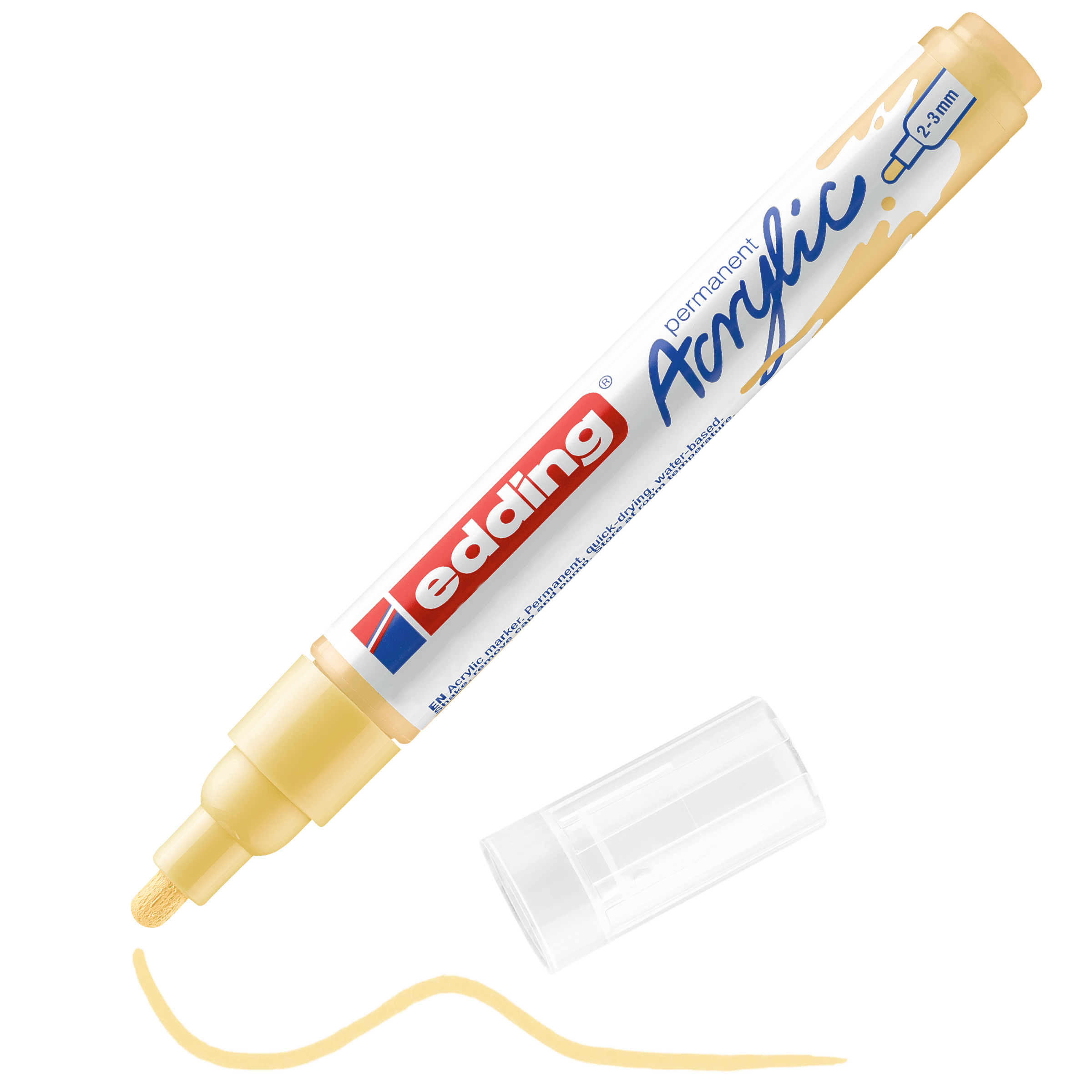 edding 5100 Acrylmarker medium in gelb mit offener Kappe und einem gemaltem Strich