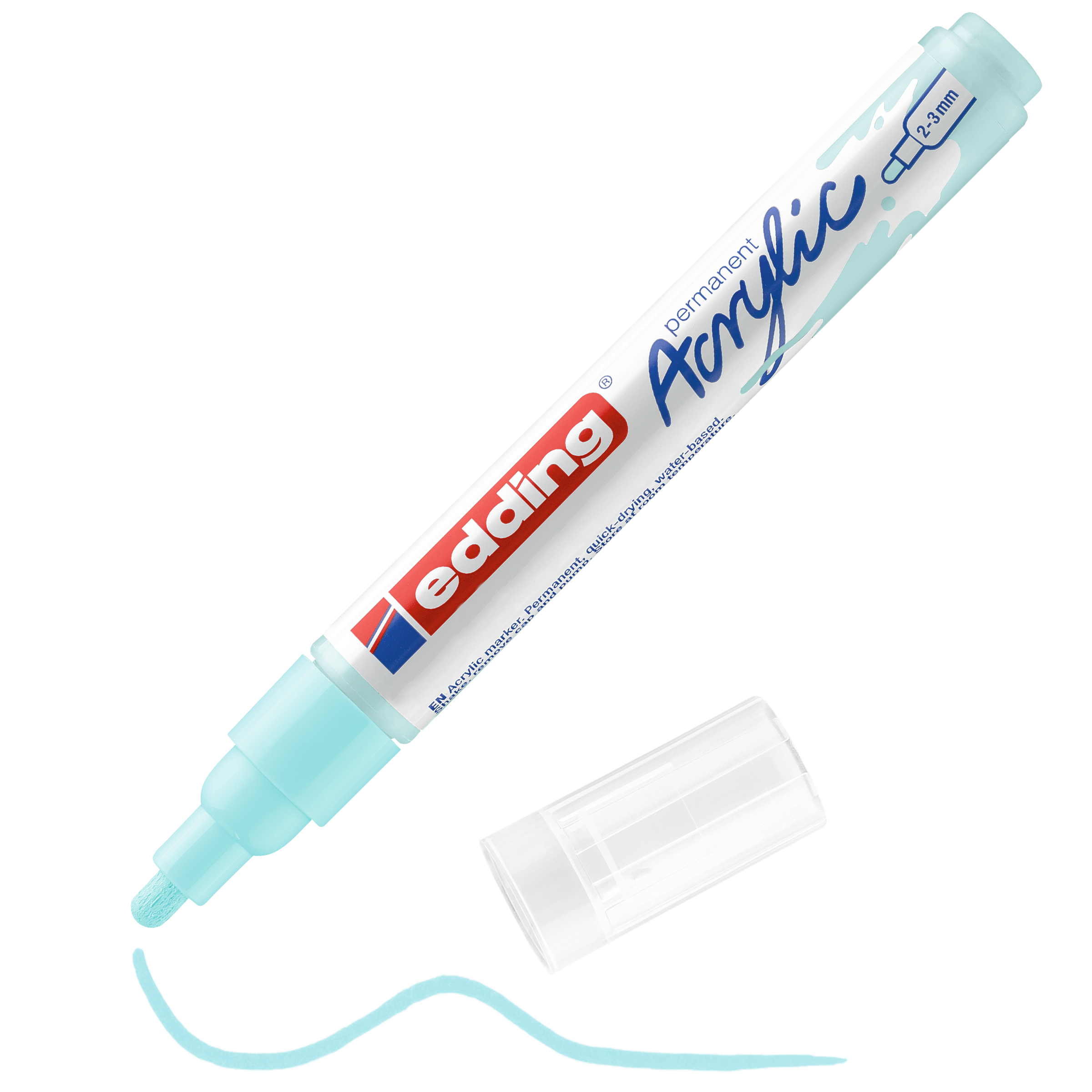 edding 5100 Acrylmarker medium in pastellblau mit offener Kappe und einem gemaltem Strich