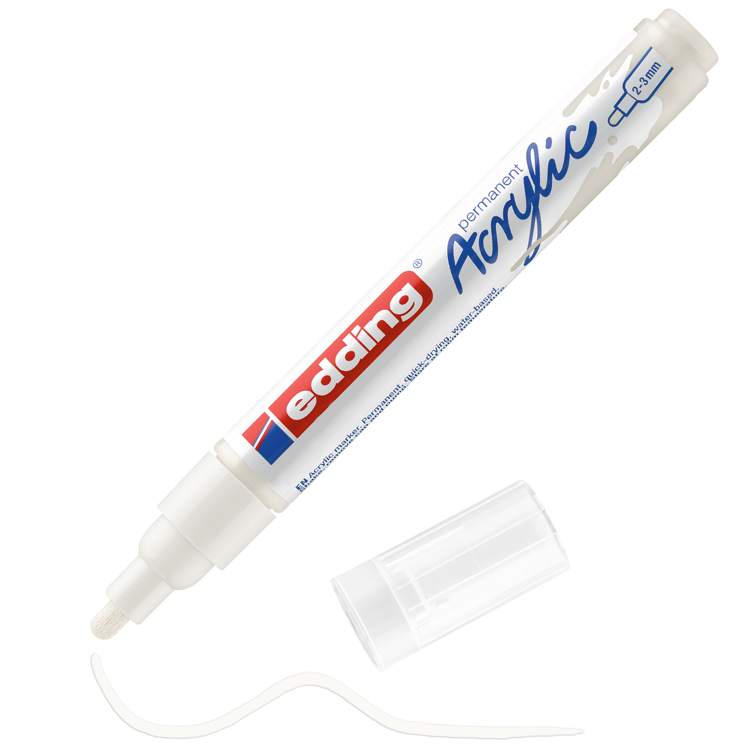 edding 5100 Acrylmarker medium in weiß mit offener Kappe und einem gemaltem Strich