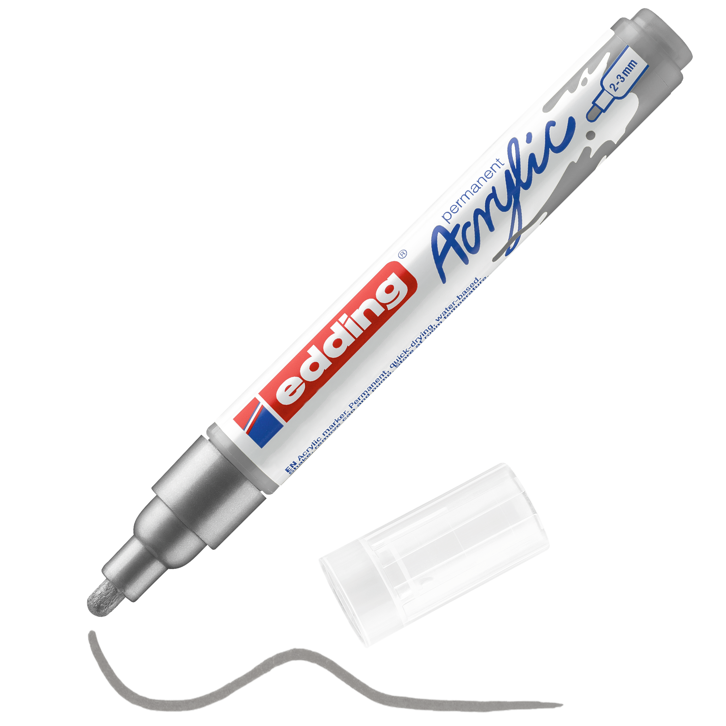 edding 5100 Acrylmarker medium in silber mit offener Kappe und einem gemaltem Strich