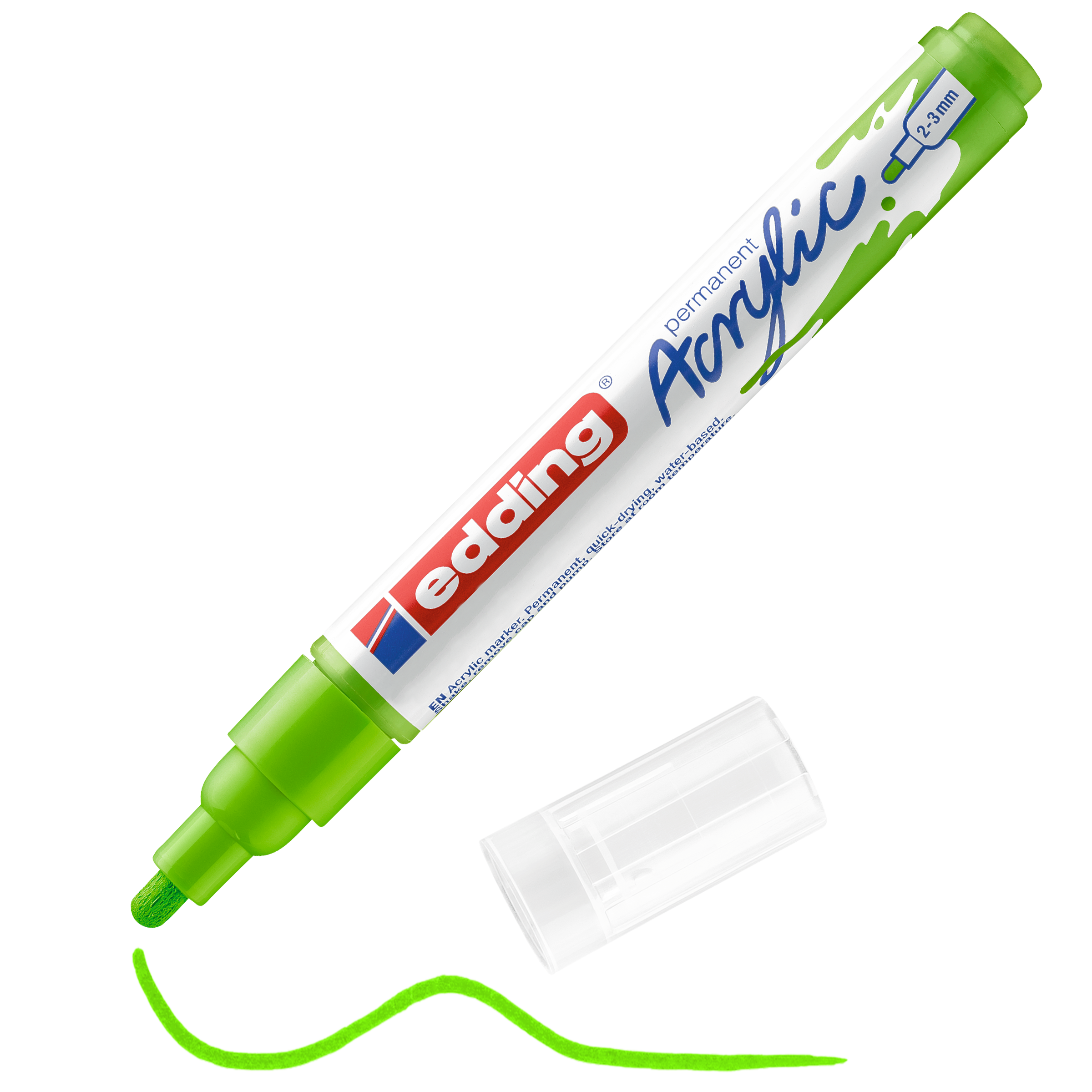 edding 5100 Acrylmarker medium in gelb-grün mit offener Kappe und einem gemaltem Strich