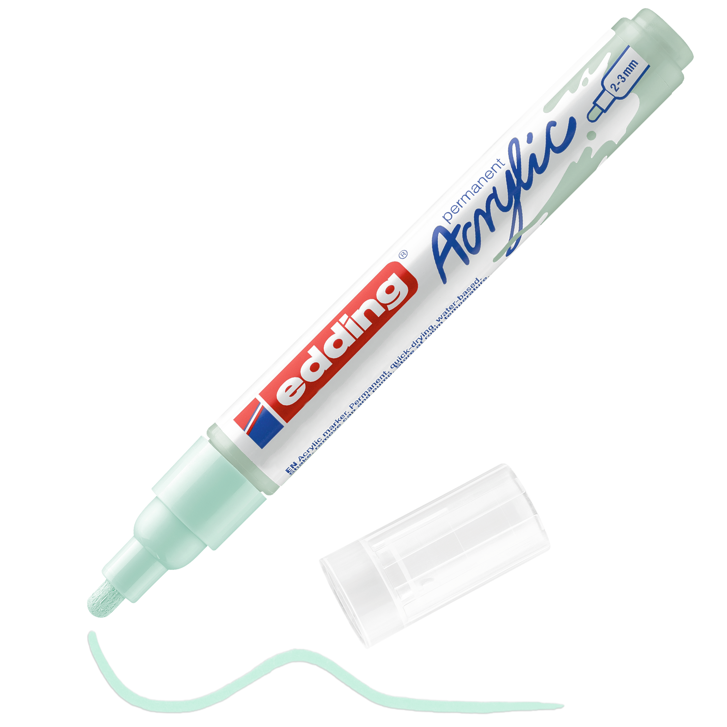 edding 5100 Acrylmarker medium in pastellblau mit offener Kappe und einem gemaltem Strich