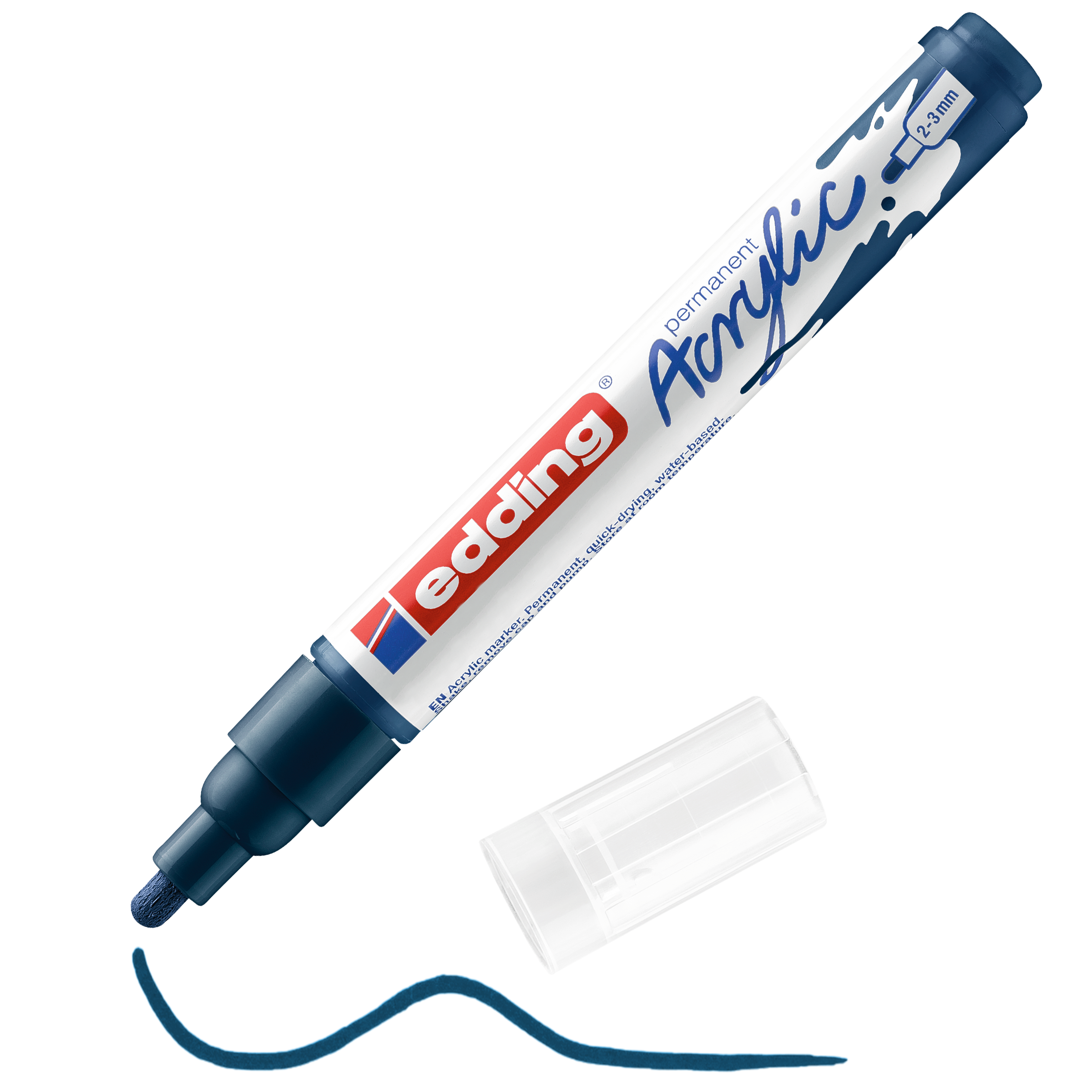 edding 5100 Acrylmarker medium in nachtblau mit offener Kappe und einem gemaltem Strich