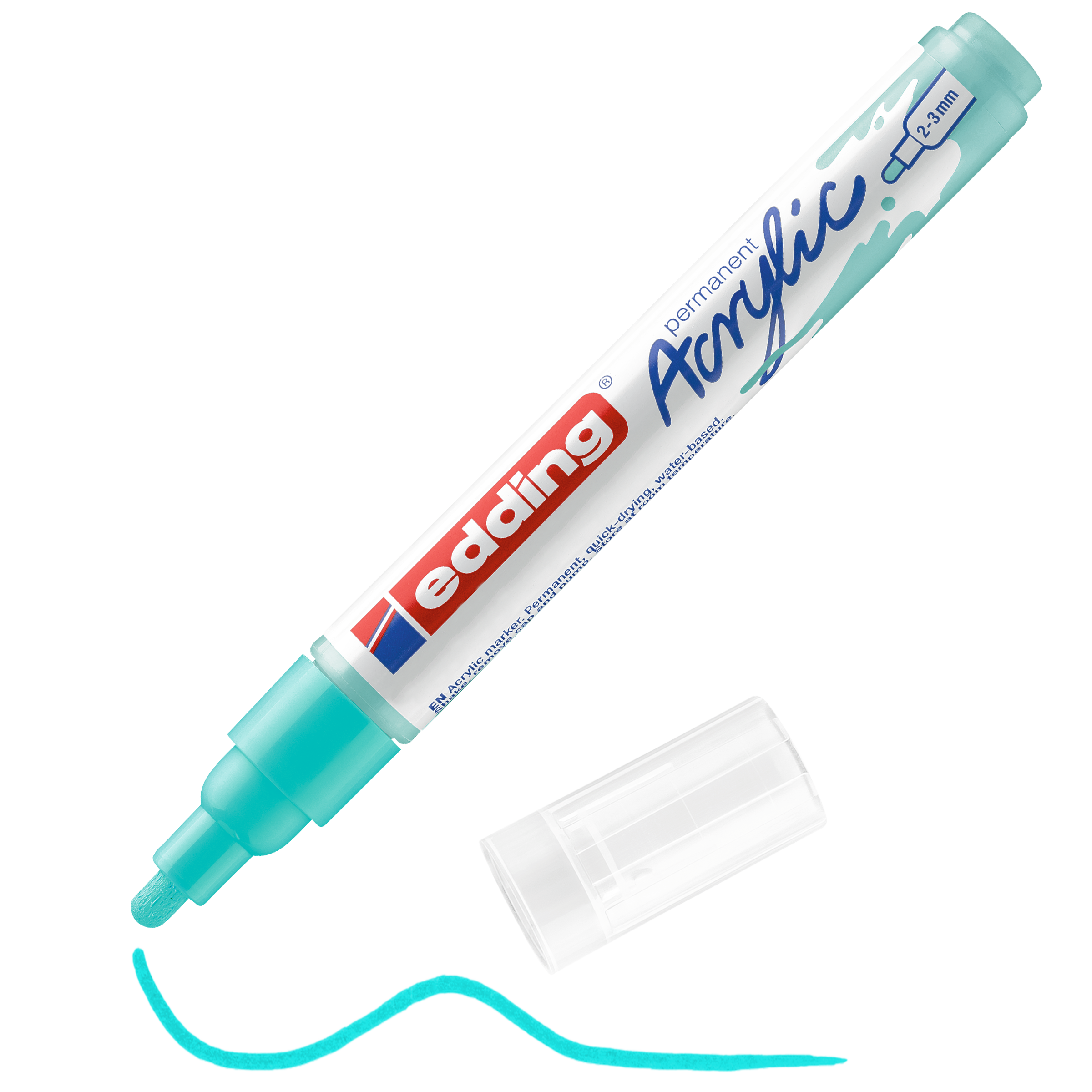 edding 5100 Acrylmarker medium in pastellblau mit offener Kappe und einem gemaltem Strich