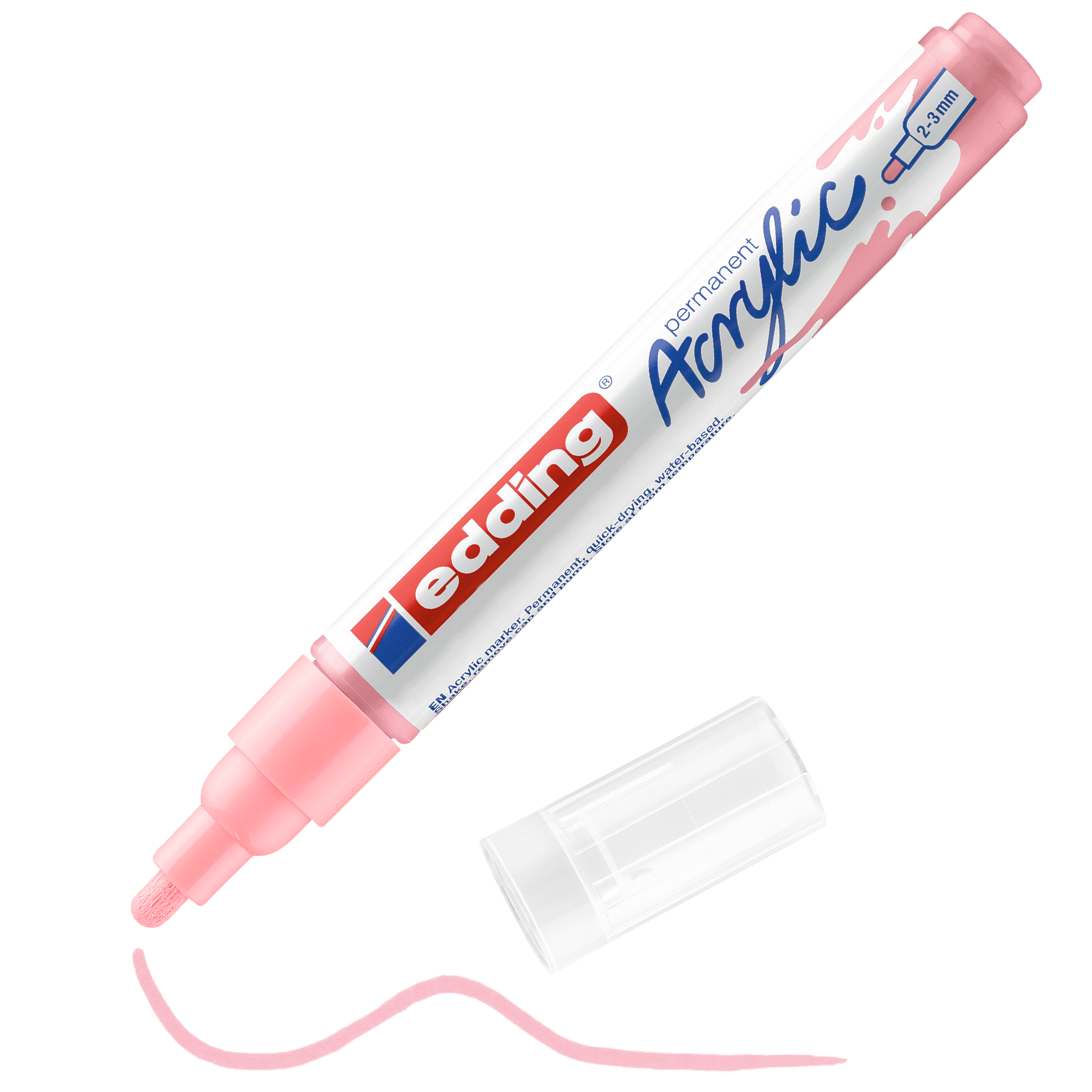 edding 5100 Acrylmarker medium in pastellrosa mit offener Kappe und einem gemaltem Strich