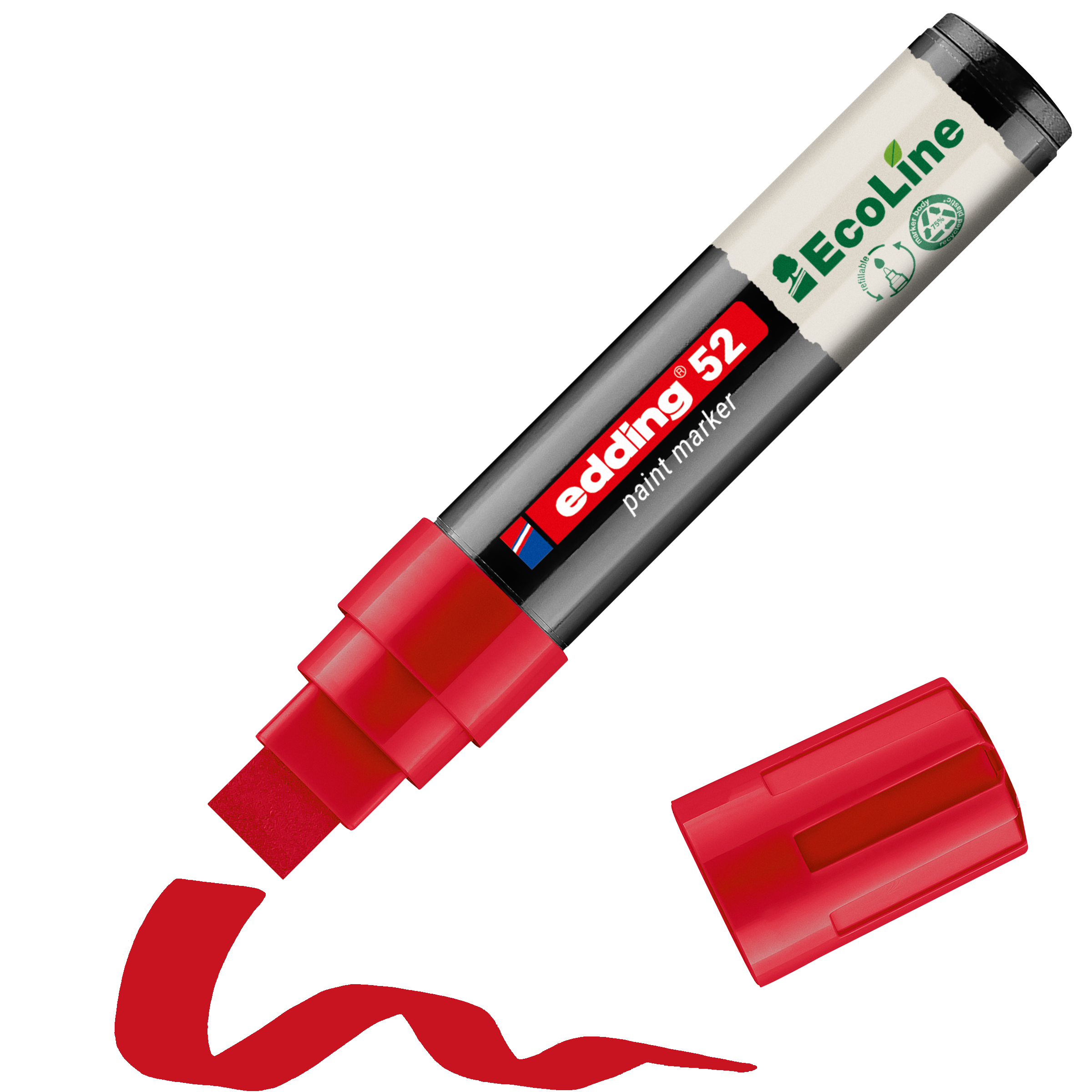 edding 52 EcoLine Lackmarker, wasserbasiert in Rot mit offener Kappe und einem gemaltem Strich